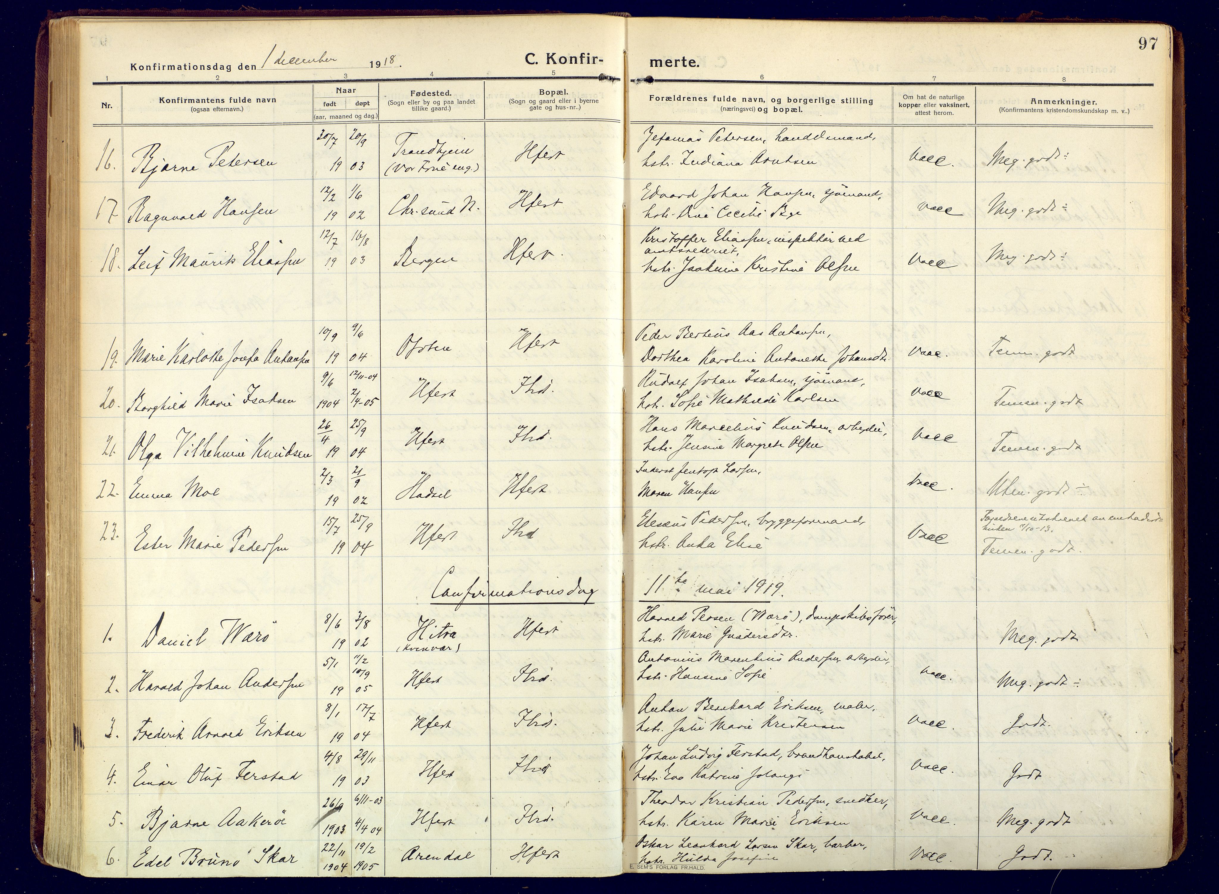 Hammerfest sokneprestkontor, SATØ/S-1347/H/Ha/L0015.kirke: Parish register (official) no. 15, 1916-1923, p. 97