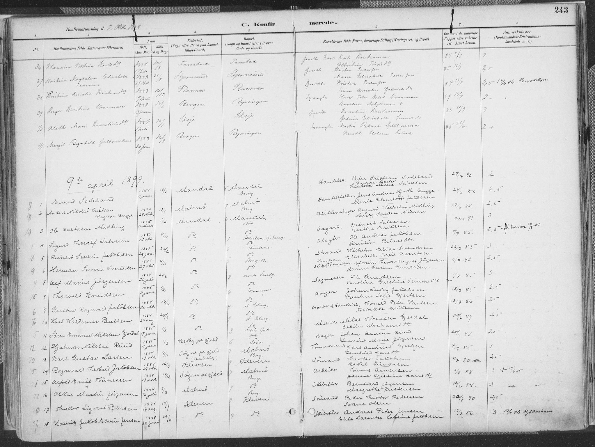 Mandal sokneprestkontor, SAK/1111-0030/F/Fa/Faa/L0018: Parish register (official) no. A 18, 1890-1905, p. 243