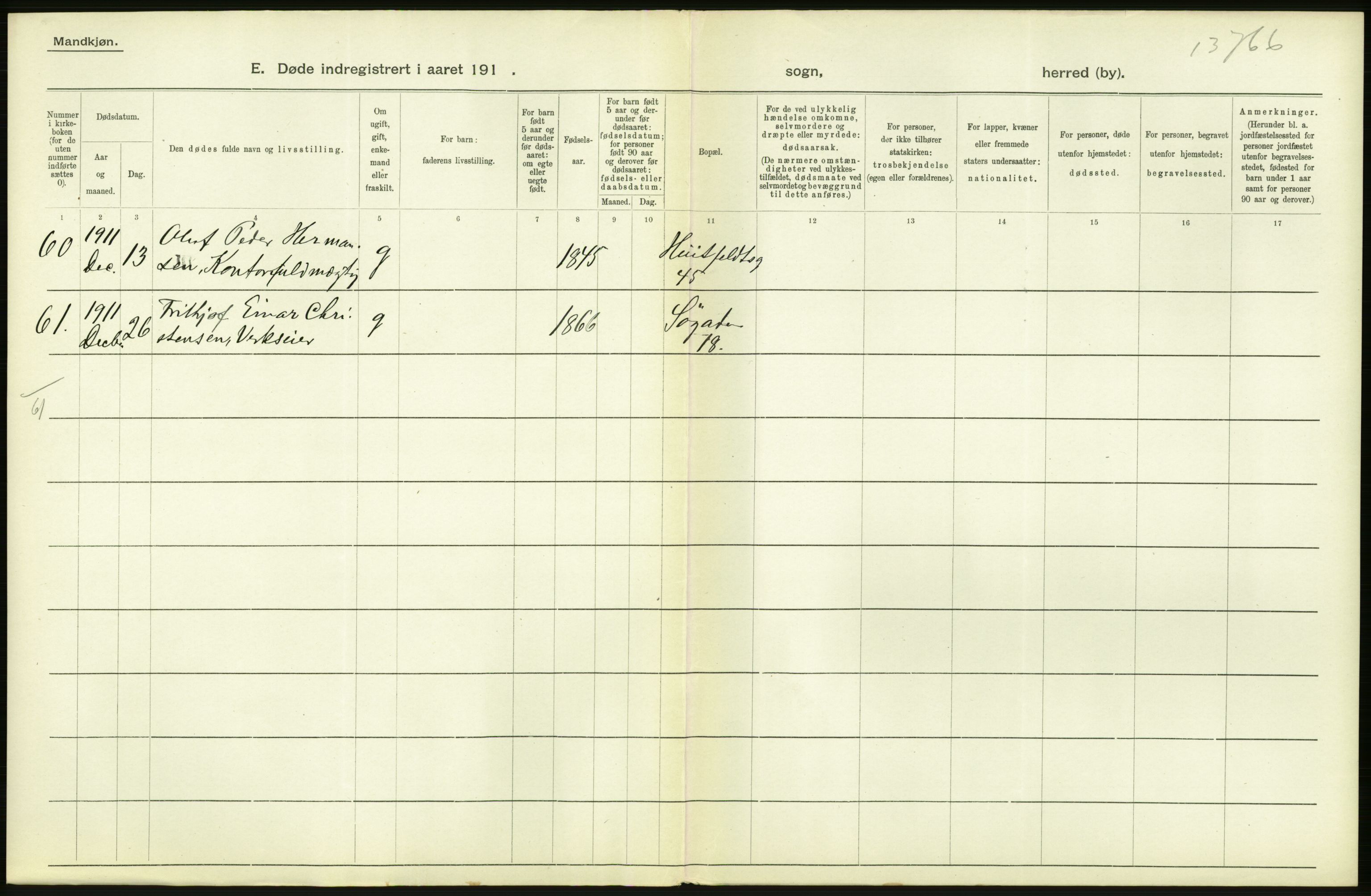 Statistisk sentralbyrå, Sosiodemografiske emner, Befolkning, AV/RA-S-2228/D/Df/Dfb/Dfba/L0009: Kristiania: Døde menn, 1911, p. 124