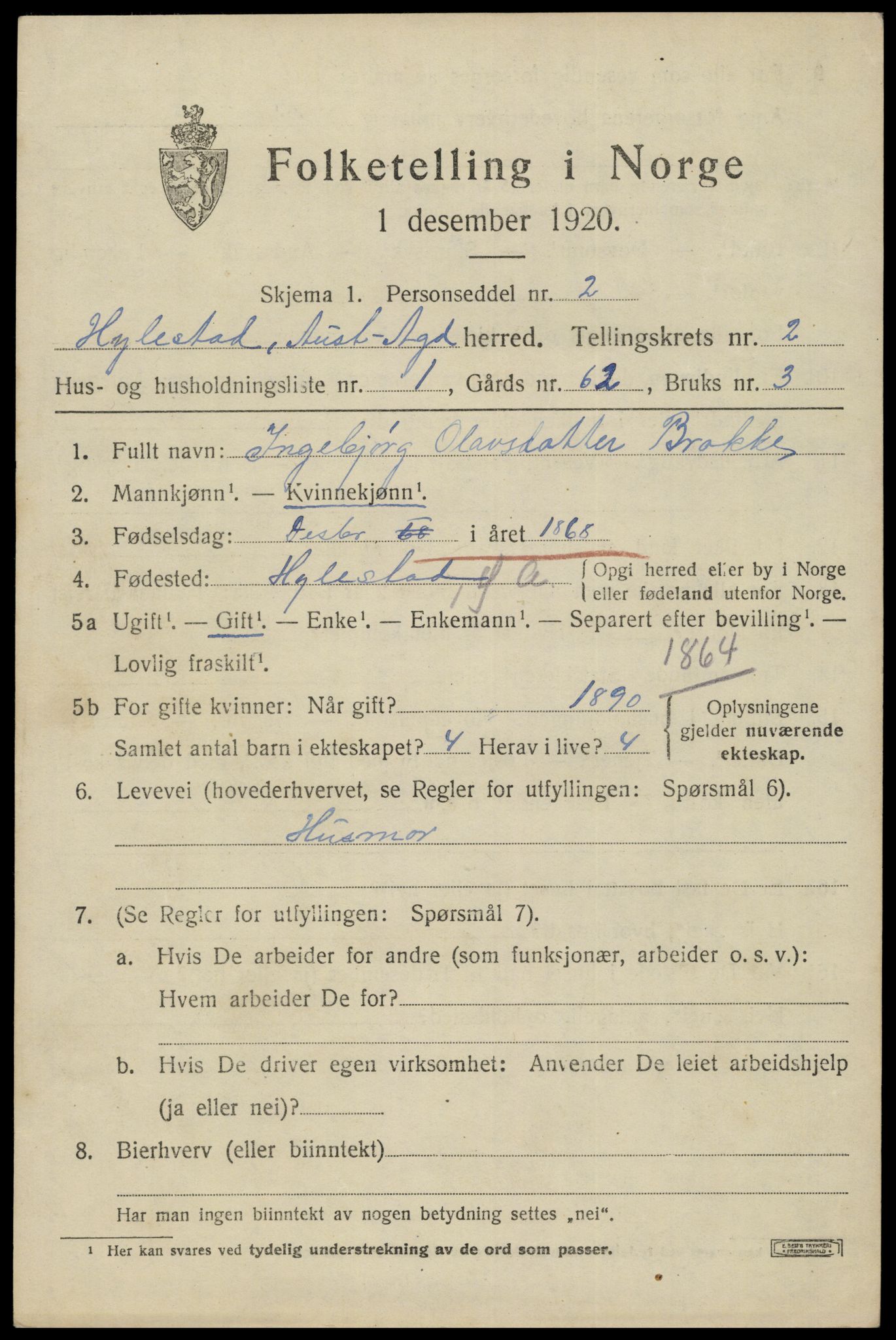 SAK, 1920 census for Hylestad, 1920, p. 464