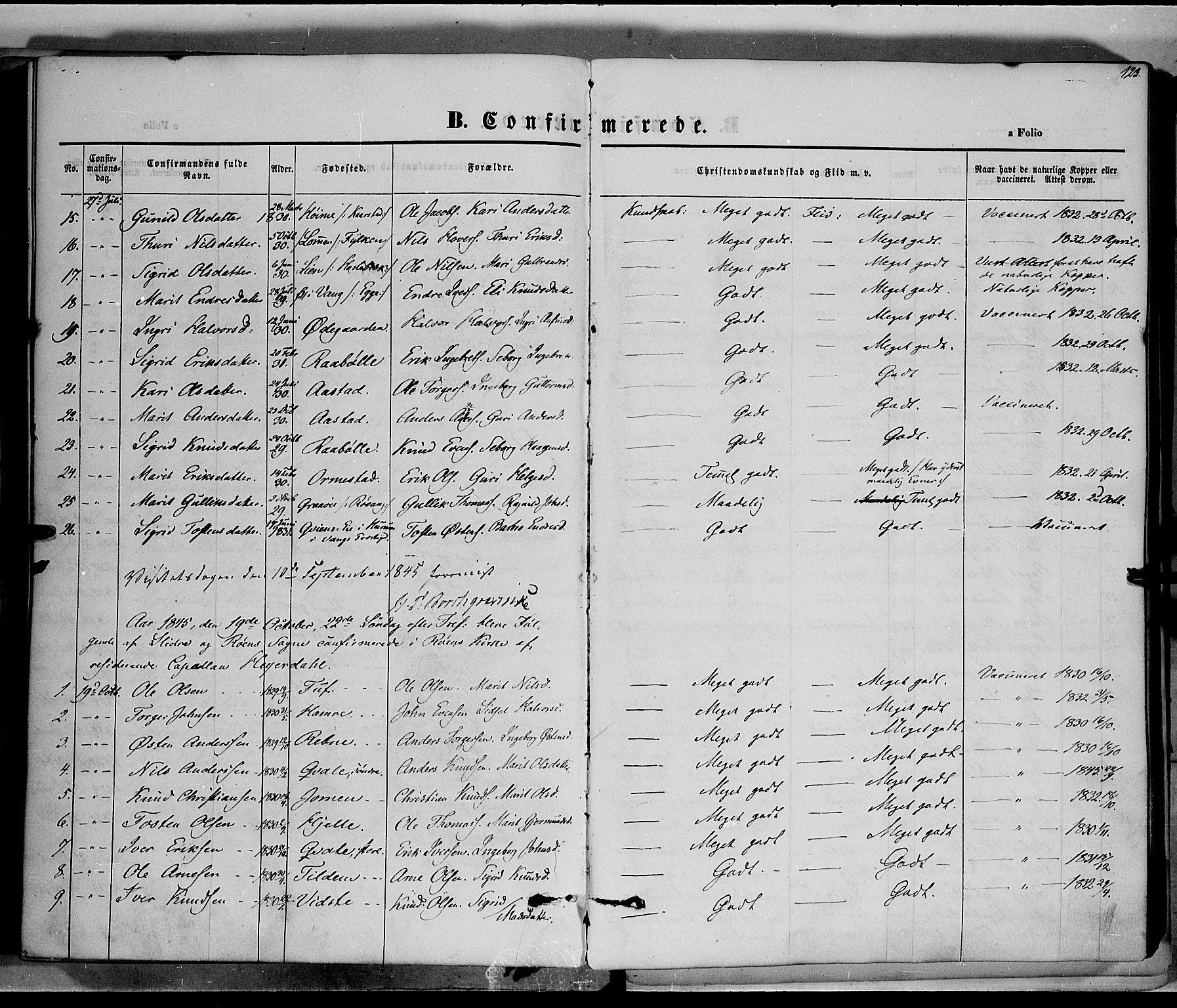 Vestre Slidre prestekontor, SAH/PREST-136/H/Ha/Haa/L0001: Parish register (official) no. 1, 1844-1855, p. 123