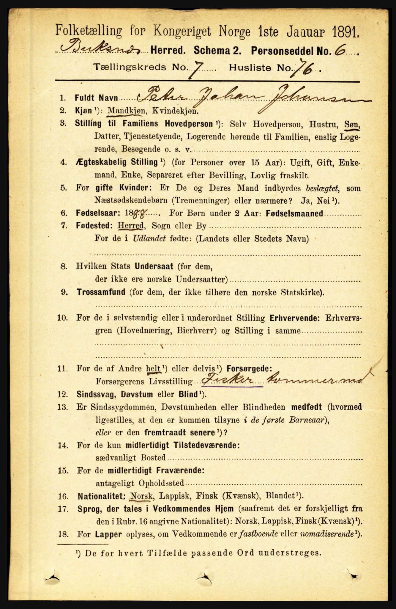 RA, 1891 census for 1860 Buksnes, 1891, p. 5476