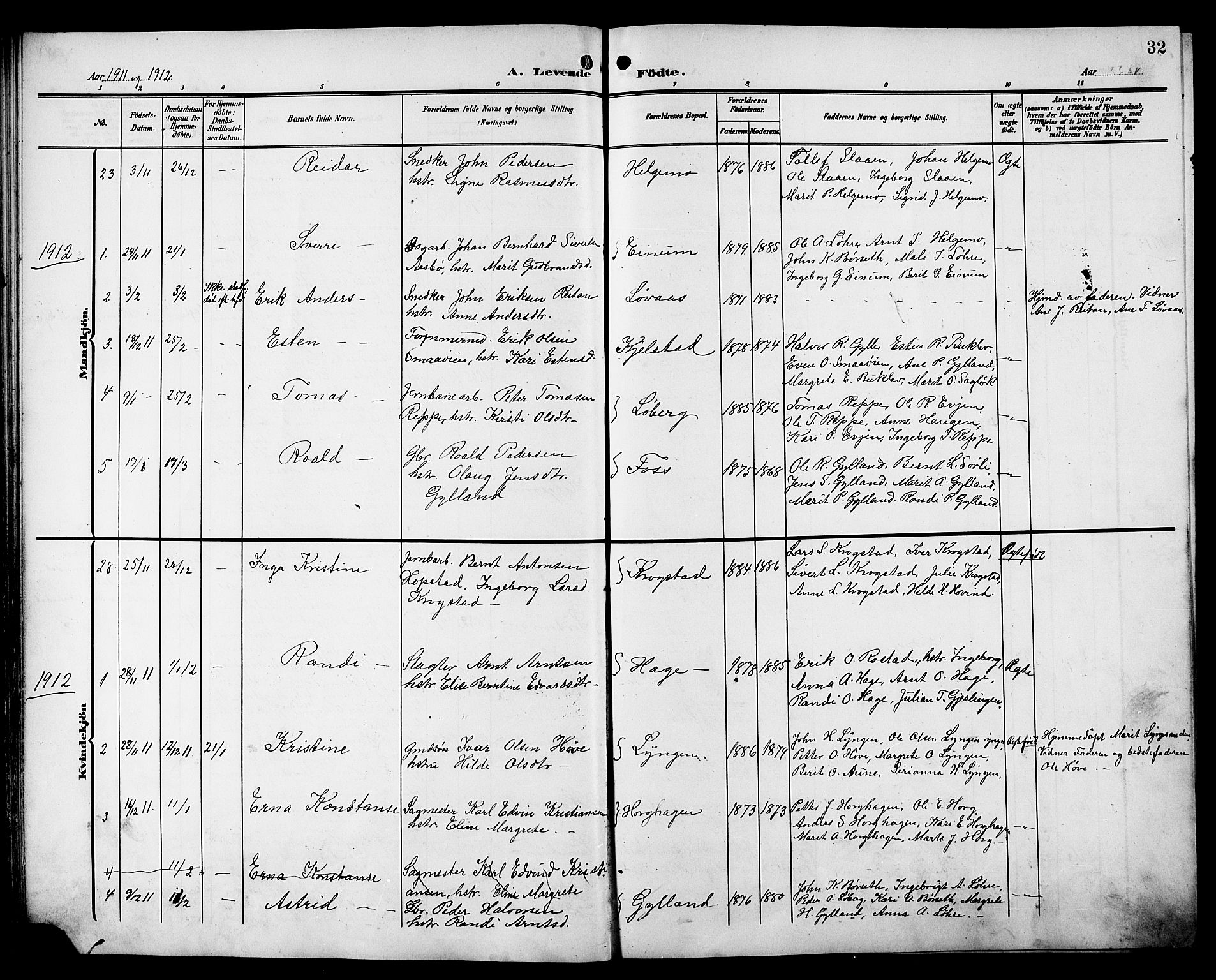 Ministerialprotokoller, klokkerbøker og fødselsregistre - Sør-Trøndelag, SAT/A-1456/692/L1112: Parish register (copy) no. 692C07, 1904-1918, p. 32