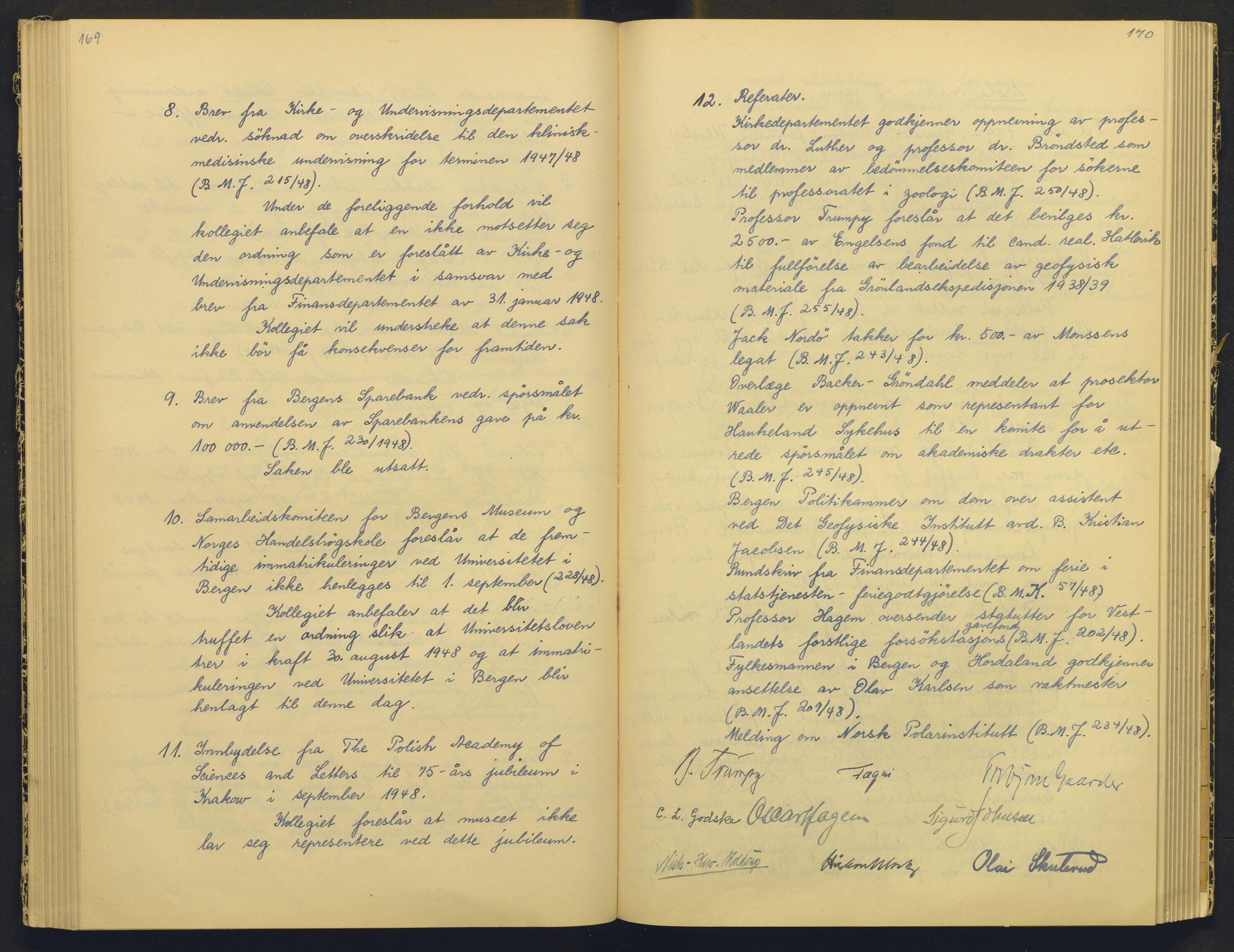Bergens Museum, AV/SAB-A-17301/18/A/L0004: Professorkollegiets møtebok med register , 1945-1949, p. 169-170