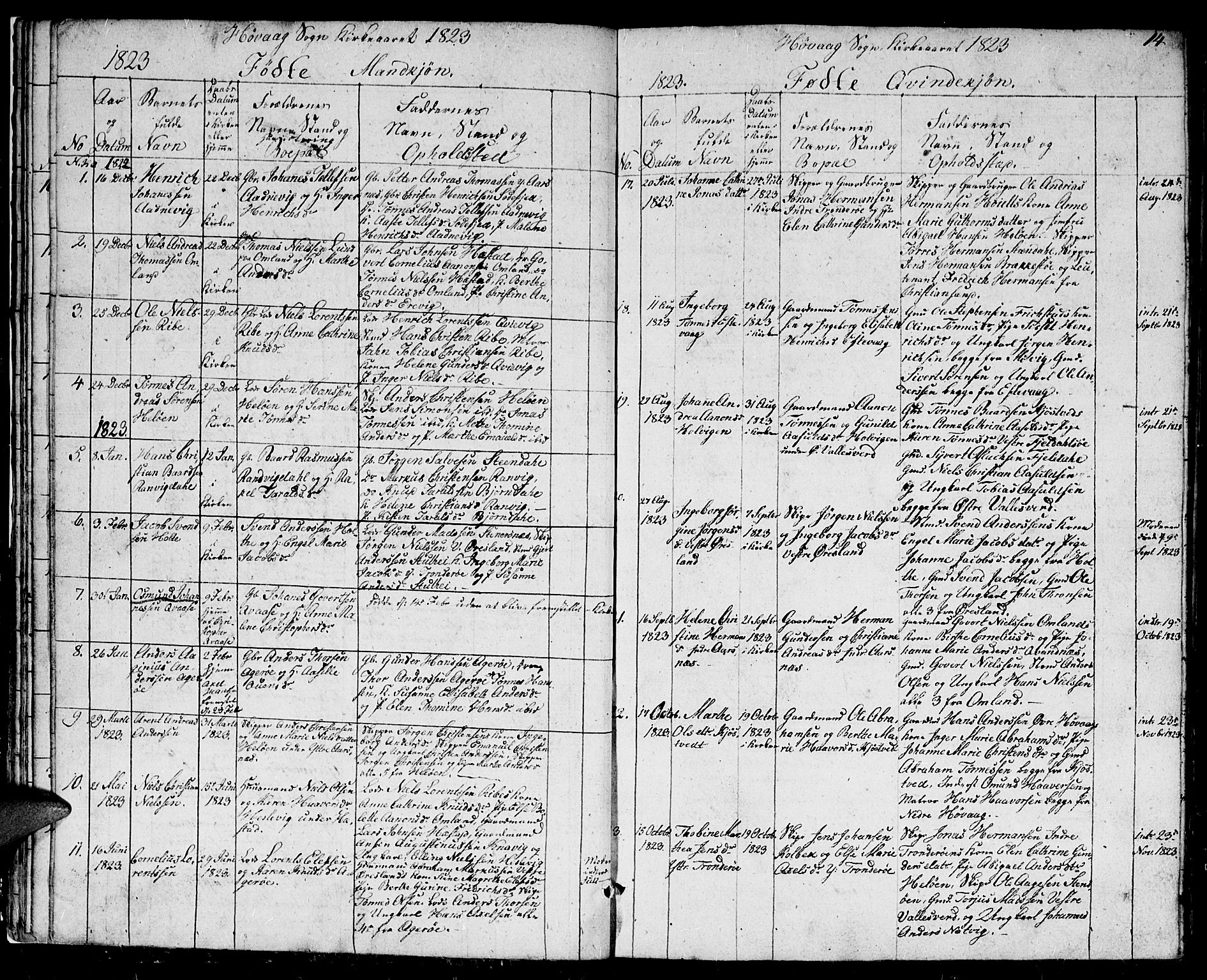Høvåg sokneprestkontor, AV/SAK-1111-0025/F/Fb/L0001: Parish register (copy) no. B 1, 1817-1846, p. 14