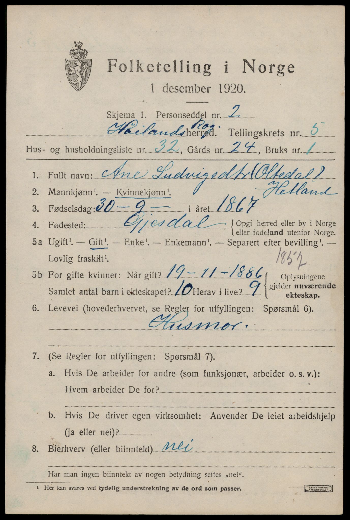 SAST, 1920 census for Høyland, 1920, p. 4258