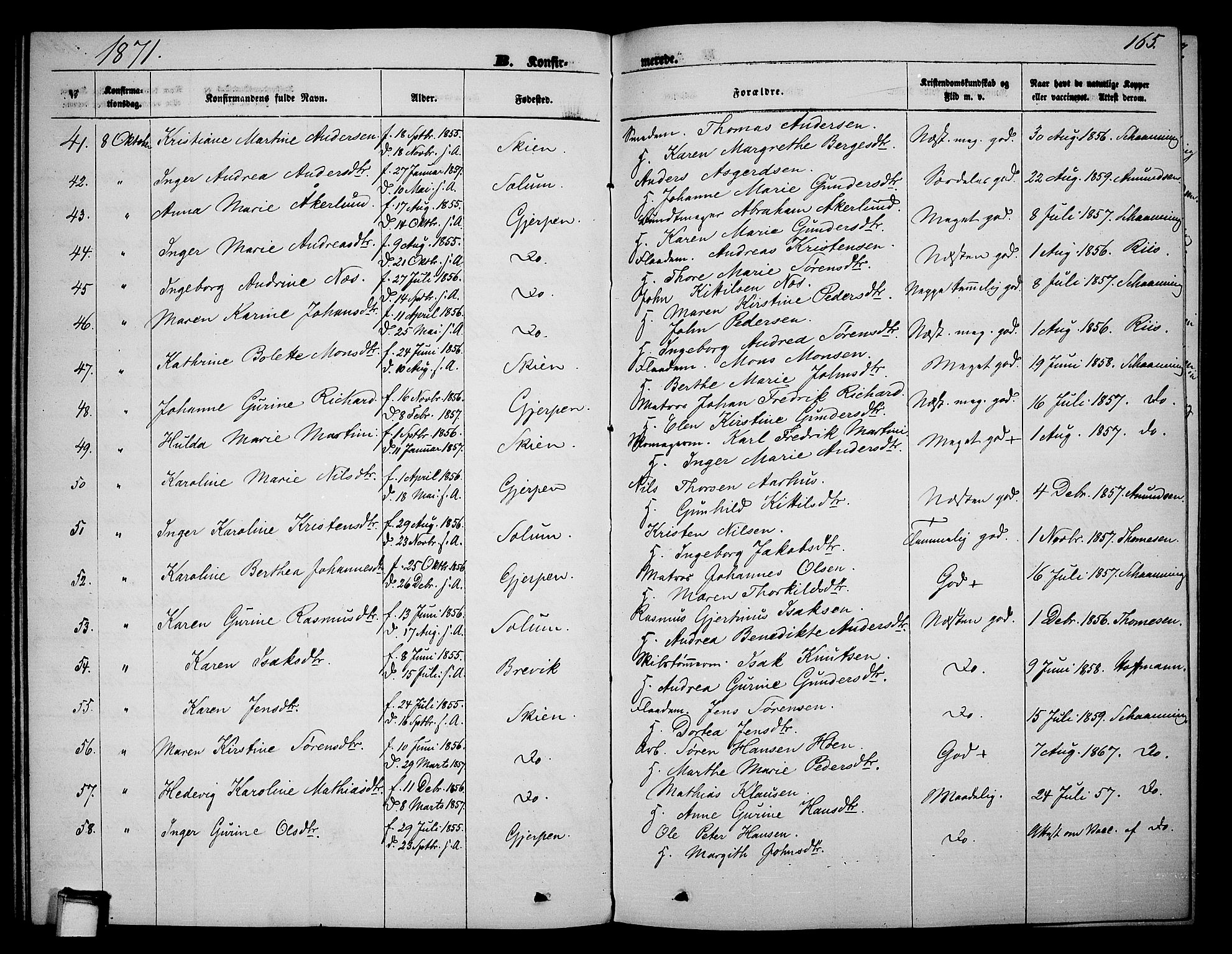 Skien kirkebøker, SAKO/A-302/G/Ga/L0005: Parish register (copy) no. 5, 1868-1880, p. 165