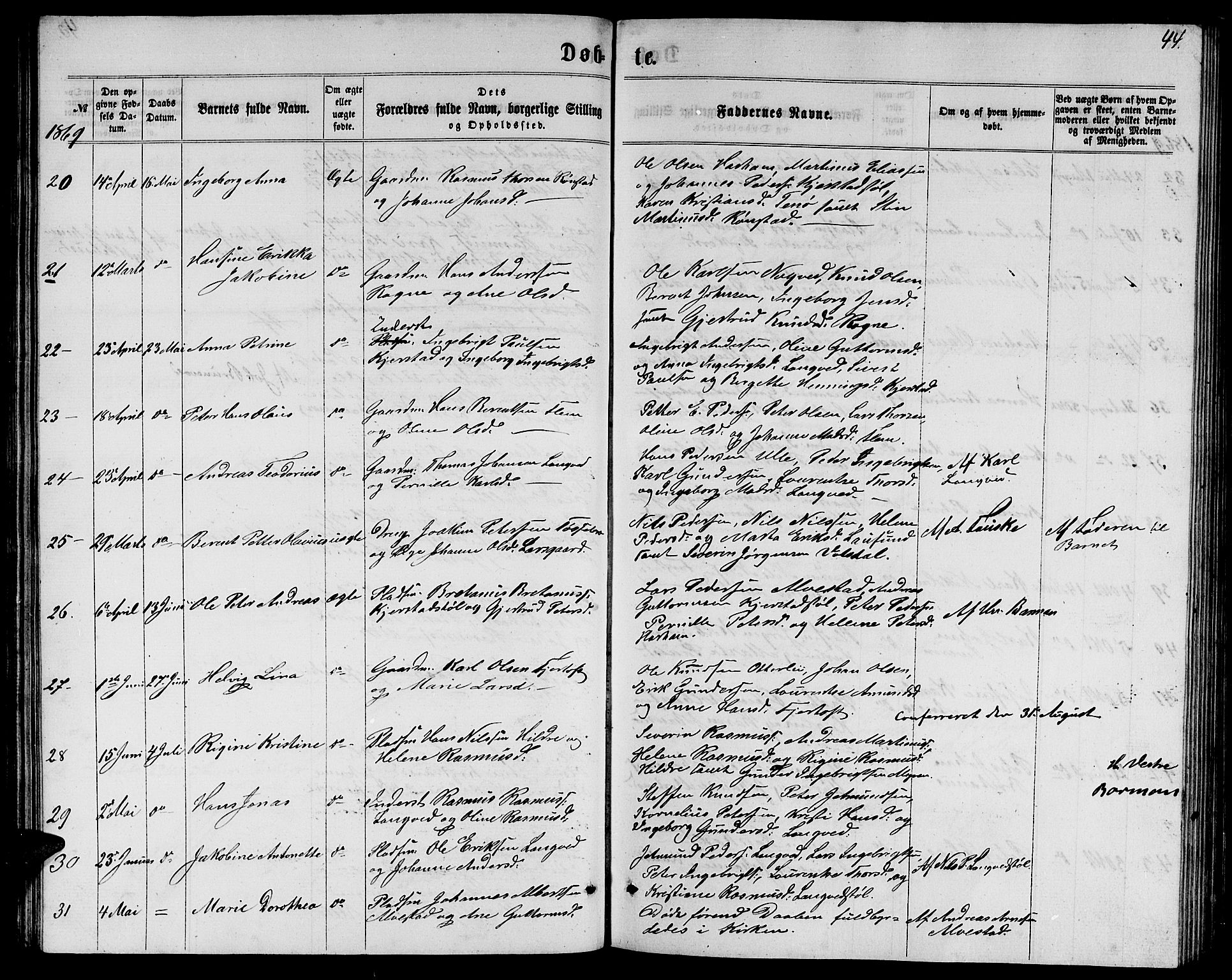 Ministerialprotokoller, klokkerbøker og fødselsregistre - Møre og Romsdal, SAT/A-1454/536/L0508: Parish register (copy) no. 536C03, 1860-1870, p. 44