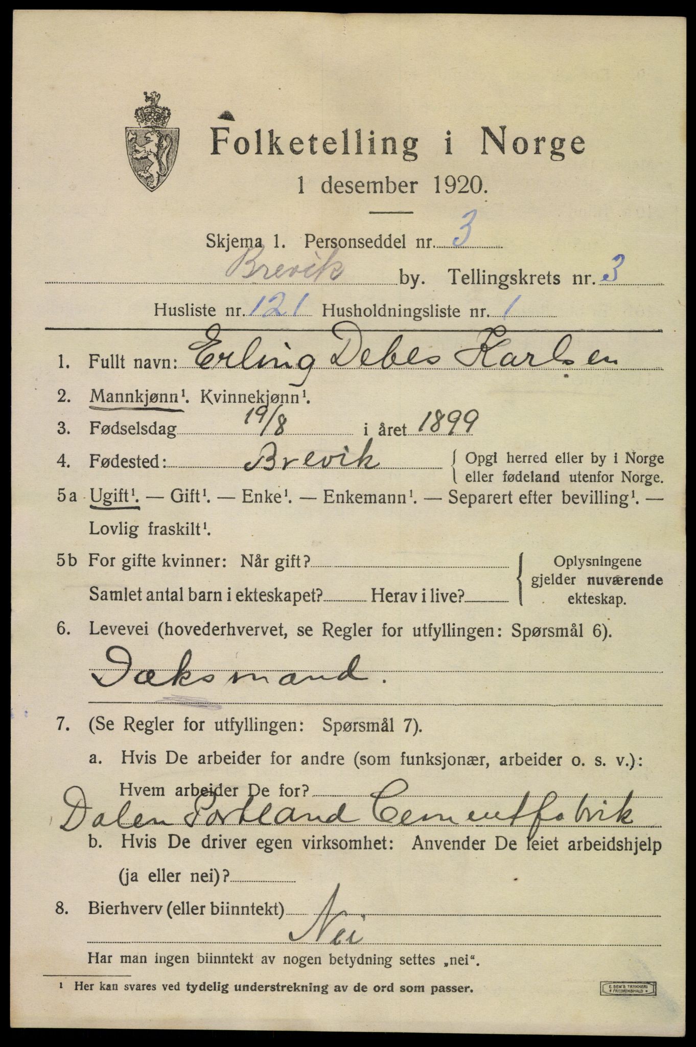 SAKO, 1920 census for Brevik, 1920, p. 6020