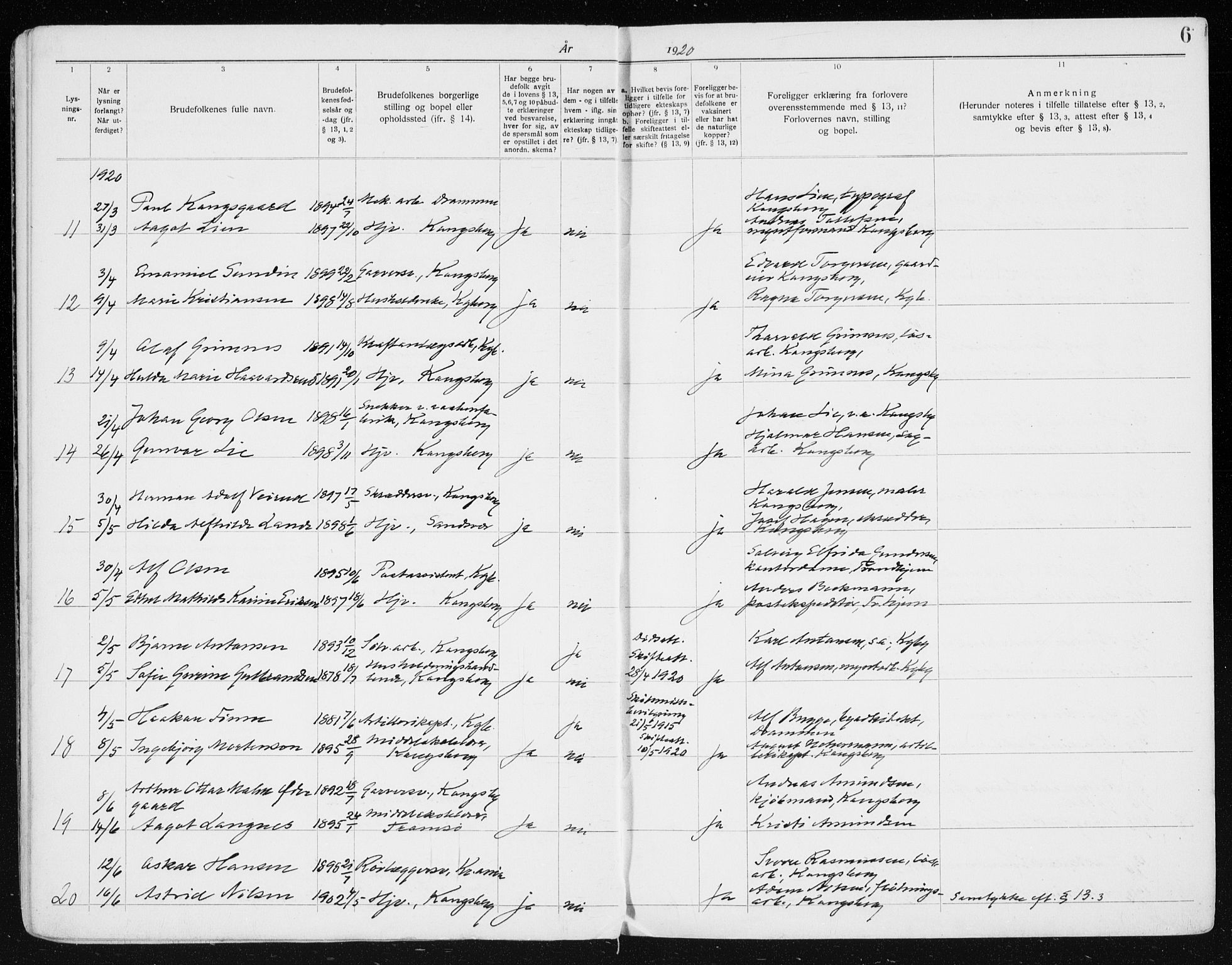 Kongsberg kirkebøker, AV/SAKO-A-22/H/Ha/L0001: Banns register no. 1, 1919-1939, p. 6