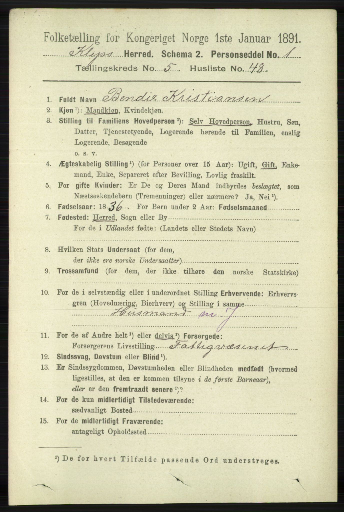 RA, 1891 census for 1120 Klepp, 1891, p. 1652