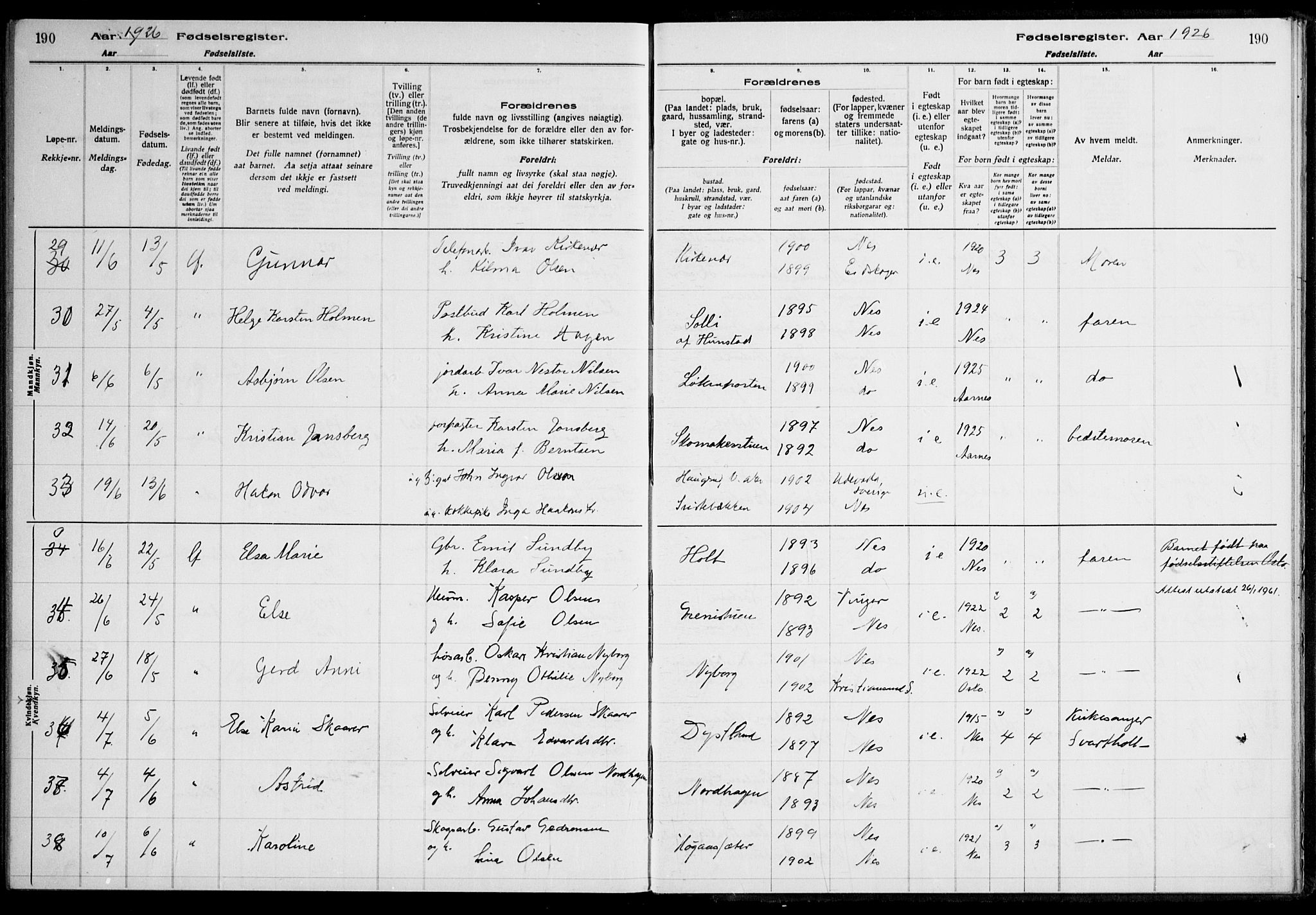 Nes prestekontor Kirkebøker, AV/SAO-A-10410/J/Ja/L0001: Birth register no. 1, 1916-1926, p. 190