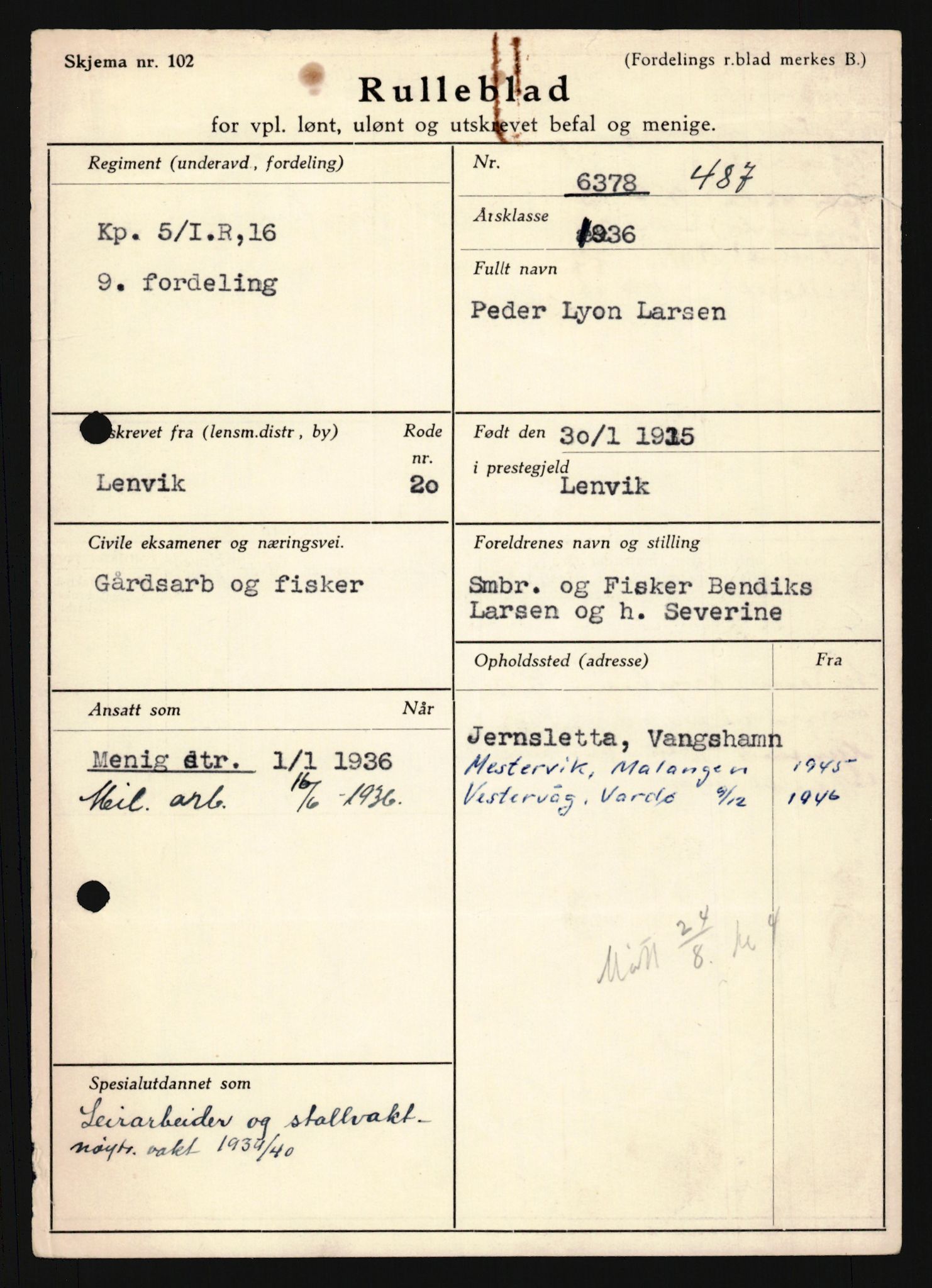 Forsvaret, Troms infanteriregiment nr. 16, AV/RA-RAFA-3146/P/Pa/L0020: Rulleblad for regimentets menige mannskaper, årsklasse 1936, 1936, p. 795