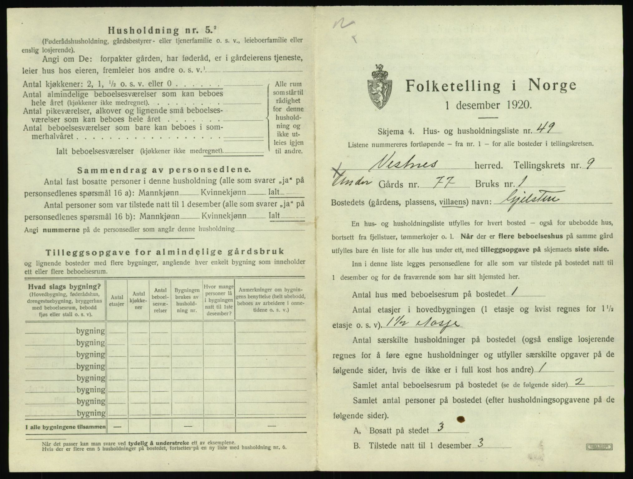 SAT, 1920 census for Vestnes, 1920, p. 1033