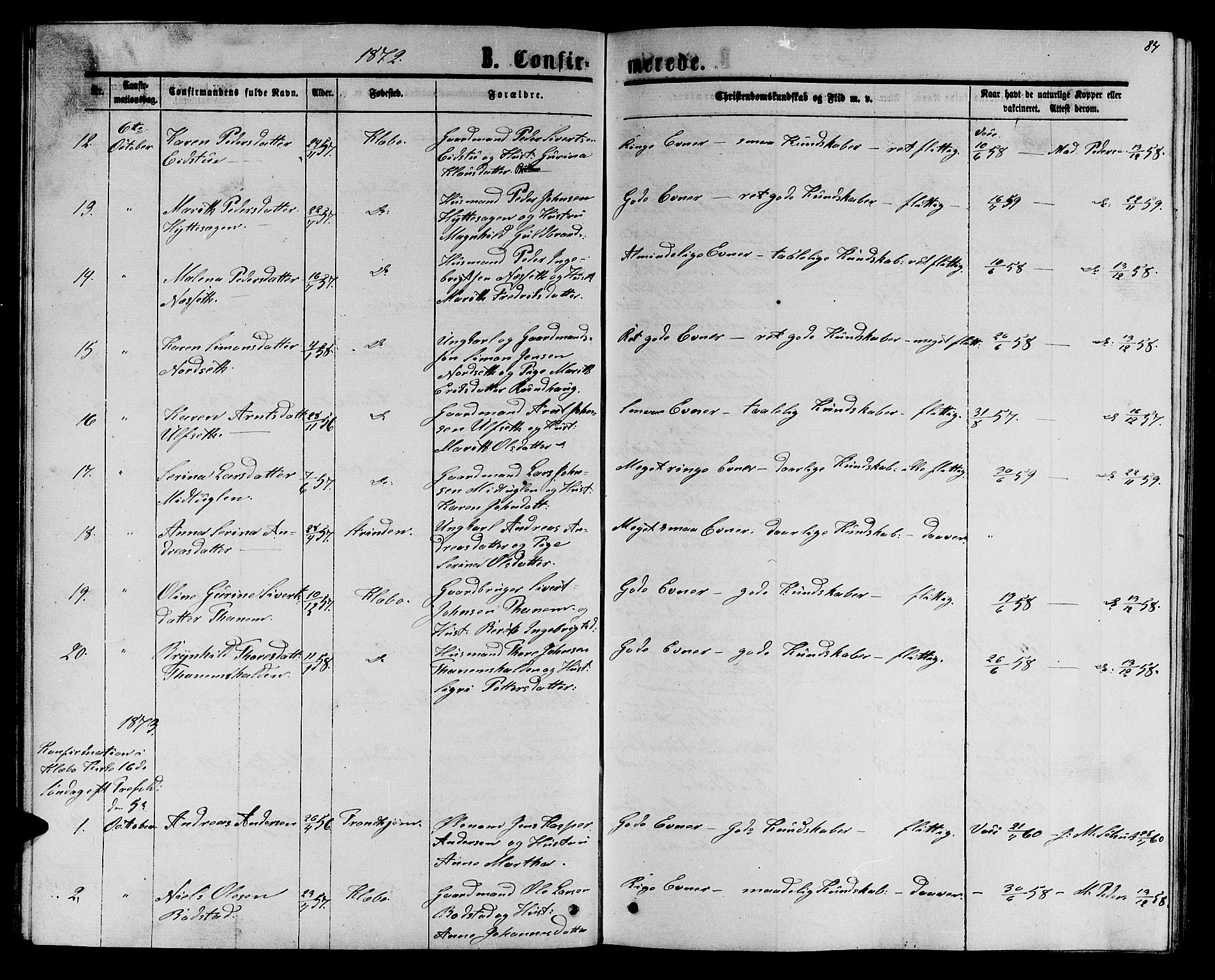 Ministerialprotokoller, klokkerbøker og fødselsregistre - Sør-Trøndelag, AV/SAT-A-1456/618/L0451: Parish register (copy) no. 618C02, 1865-1883, p. 84