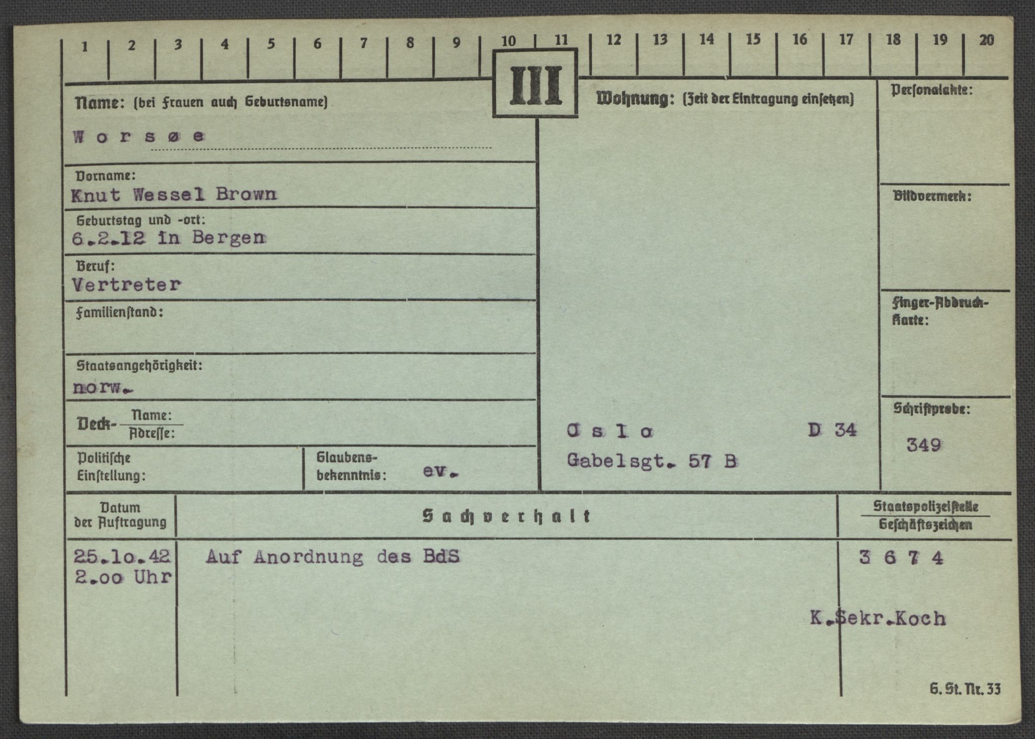 Befehlshaber der Sicherheitspolizei und des SD, AV/RA-RAFA-5969/E/Ea/Eaa/L0010: Register over norske fanger i Møllergata 19: Sø-Å, 1940-1945, p. 1122