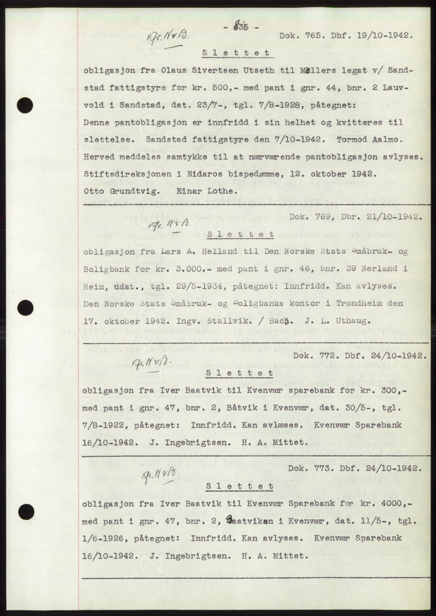 Hitra sorenskriveri, AV/SAT-A-0018/2/2C/2Ca: Mortgage book no. C1, 1936-1945, Diary no: : 765/1942