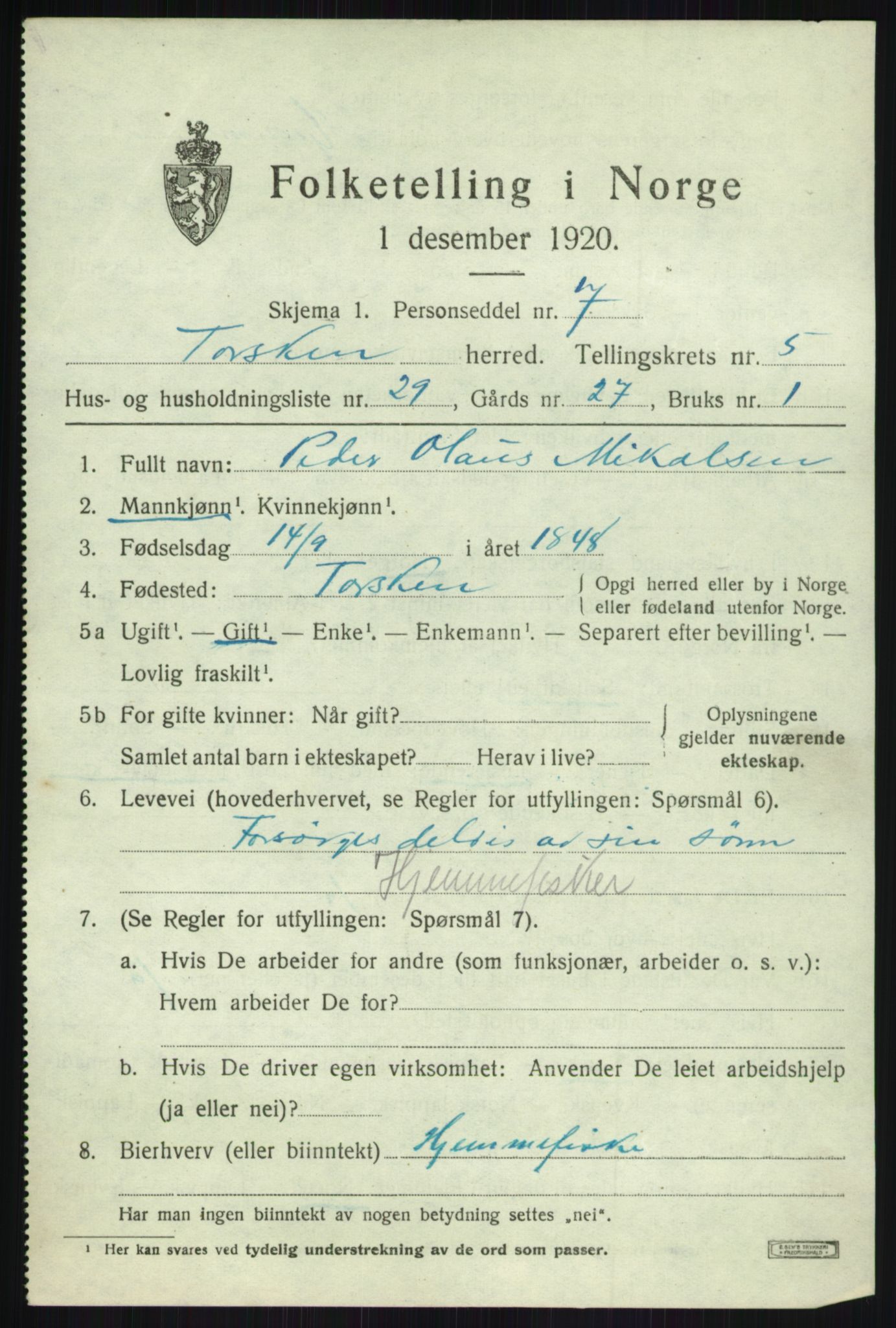 SATØ, 1920 census for Torsken, 1920, p. 2375