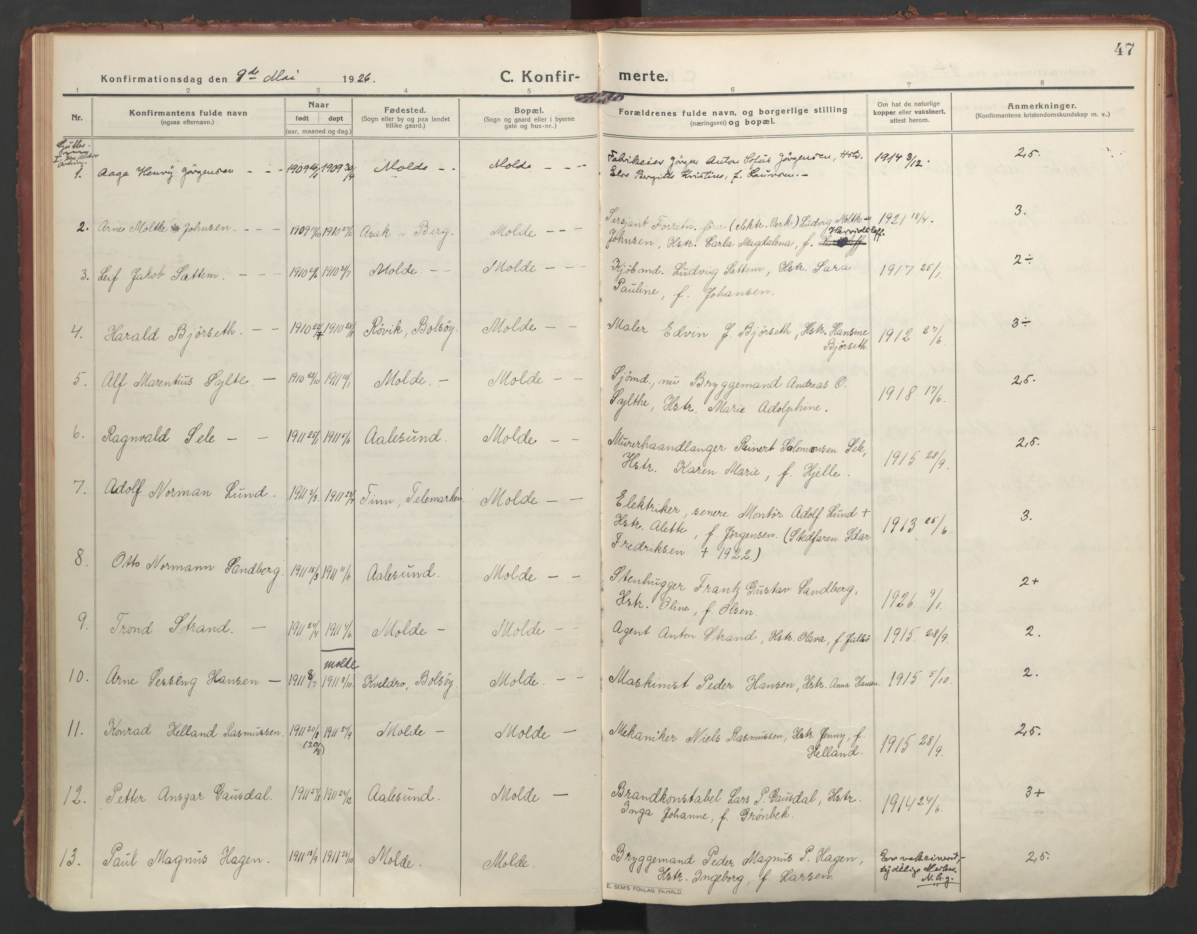 Ministerialprotokoller, klokkerbøker og fødselsregistre - Møre og Romsdal, AV/SAT-A-1454/558/L0695: Parish register (official) no. 558A09, 1915-1942, p. 47