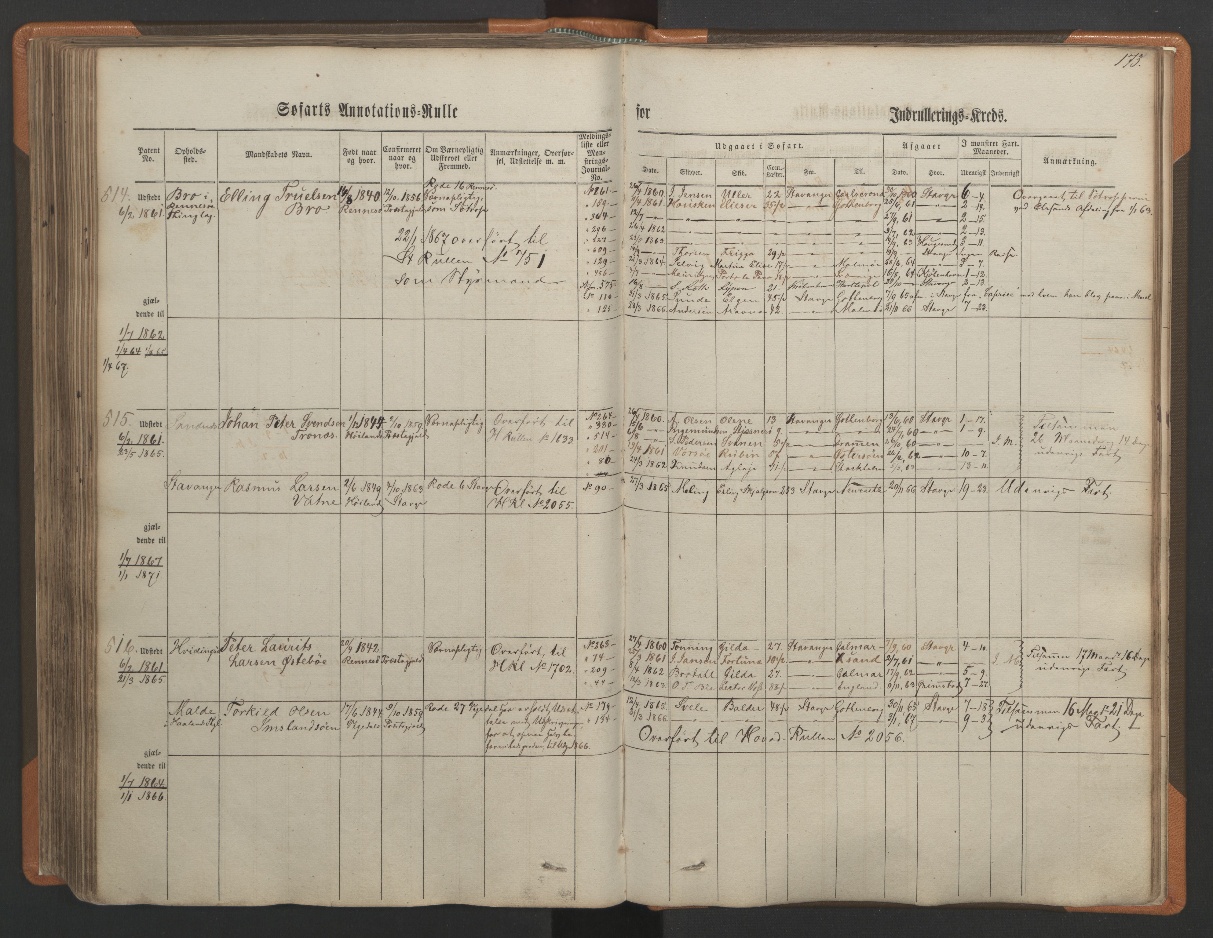 Stavanger sjømannskontor, AV/SAST-A-102006/F/Ff/L0001: Annotasjonsrulle, patentnr. 1-597 (del 1), 1860-1864, p. 183