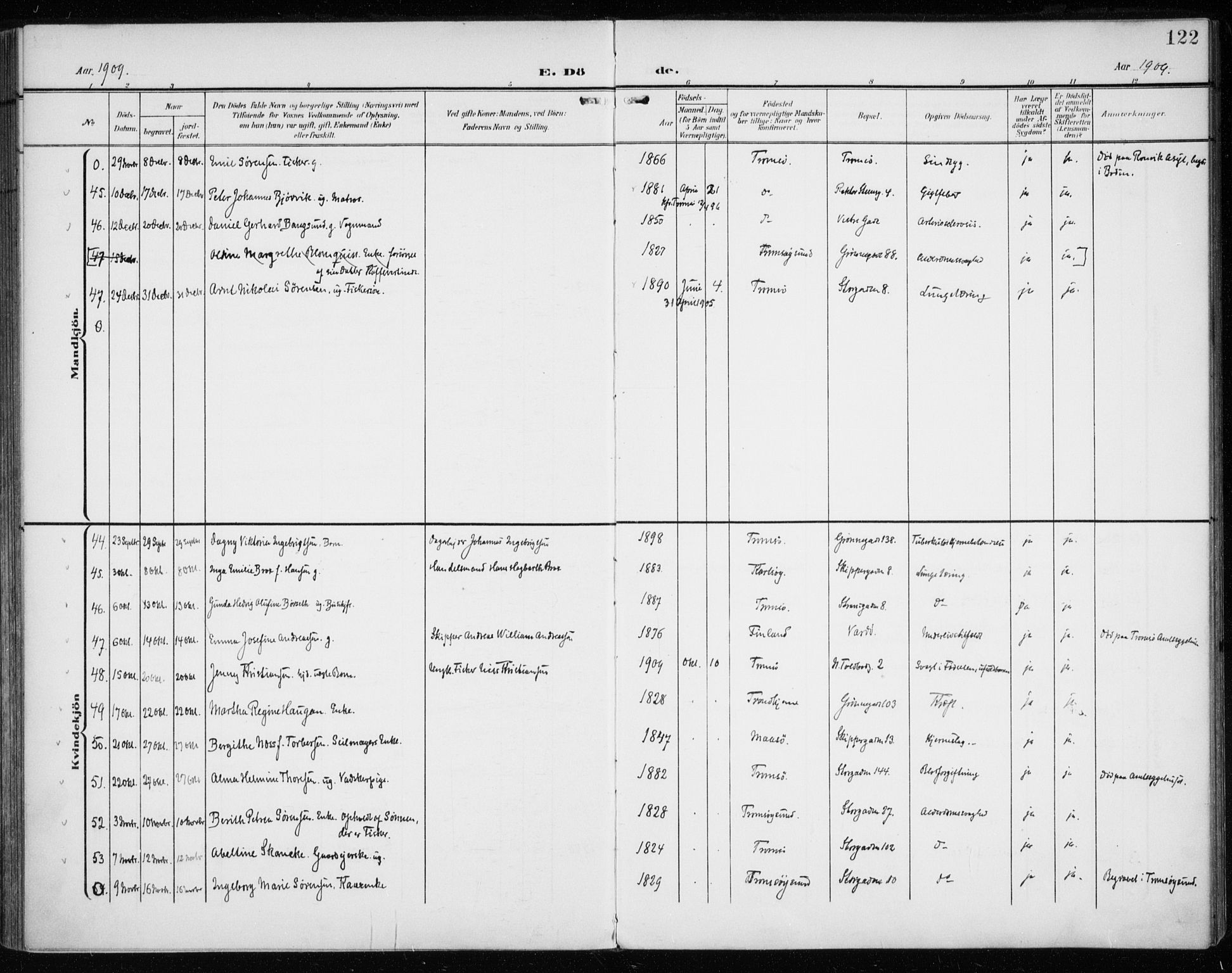 Tromsø sokneprestkontor/stiftsprosti/domprosti, AV/SATØ-S-1343/G/Ga/L0018kirke: Parish register (official) no. 18, 1907-1917, p. 122