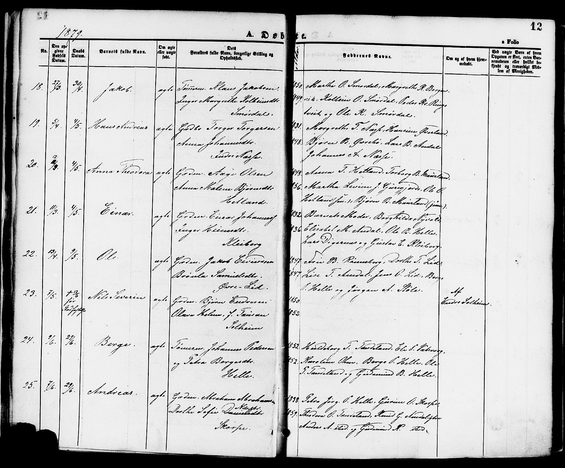 Nedstrand sokneprestkontor, AV/SAST-A-101841/01/IV: Parish register (official) no. A 11, 1877-1887, p. 12