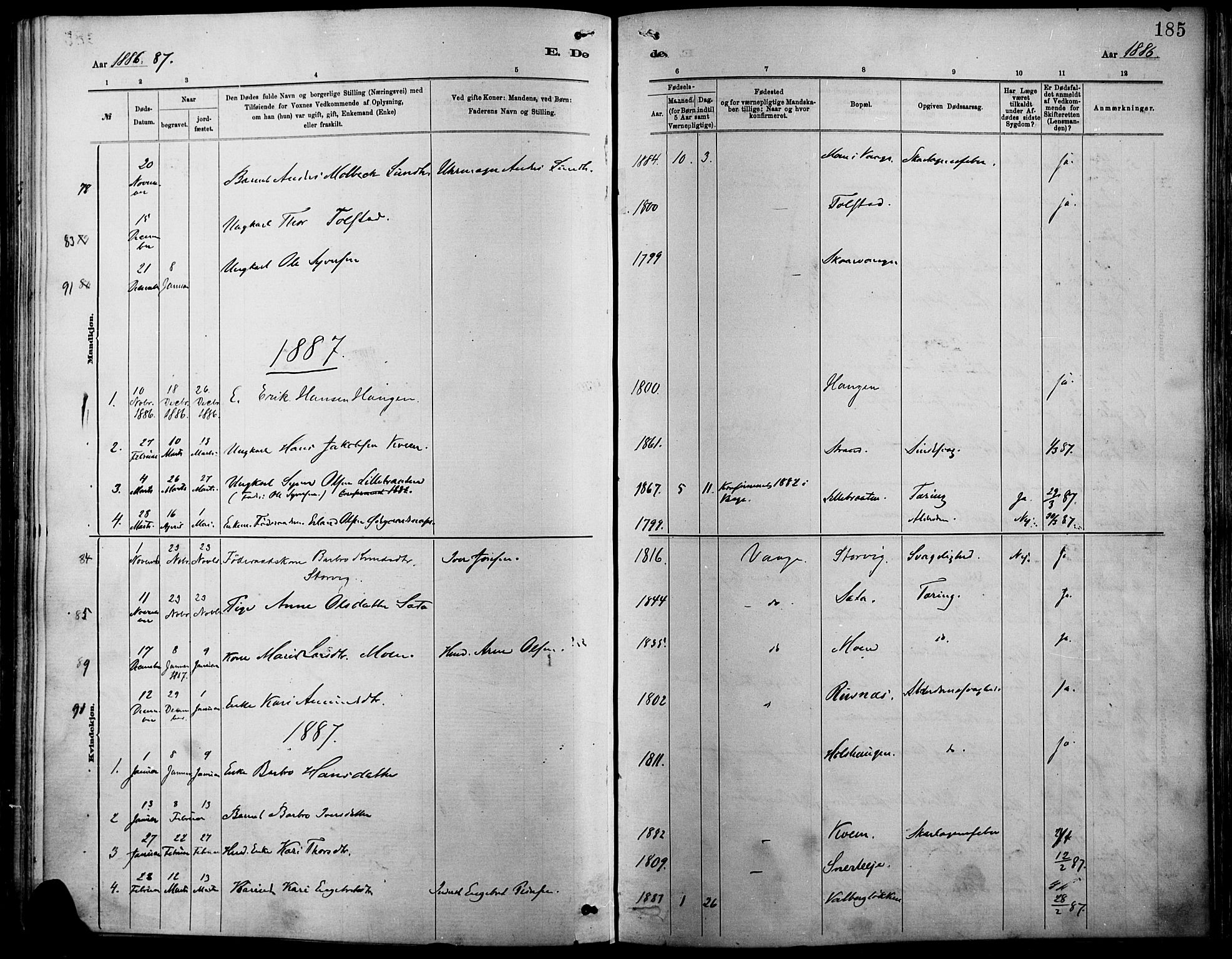 Vågå prestekontor, SAH/PREST-076/H/Ha/Haa/L0009: Parish register (official) no. 9, 1886-1904, p. 185