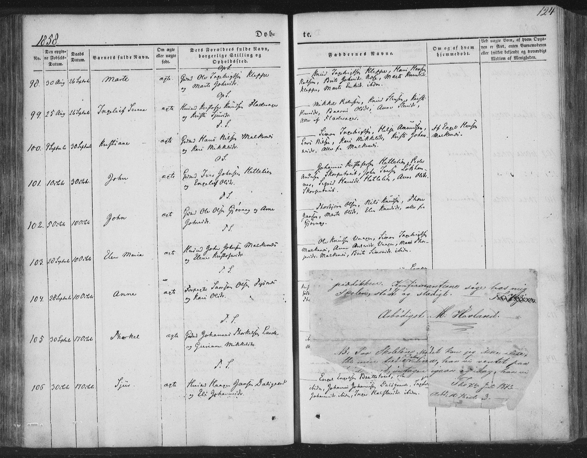 Tysnes sokneprestembete, AV/SAB-A-78601/H/Haa: Parish register (official) no. A 10, 1848-1859, p. 124