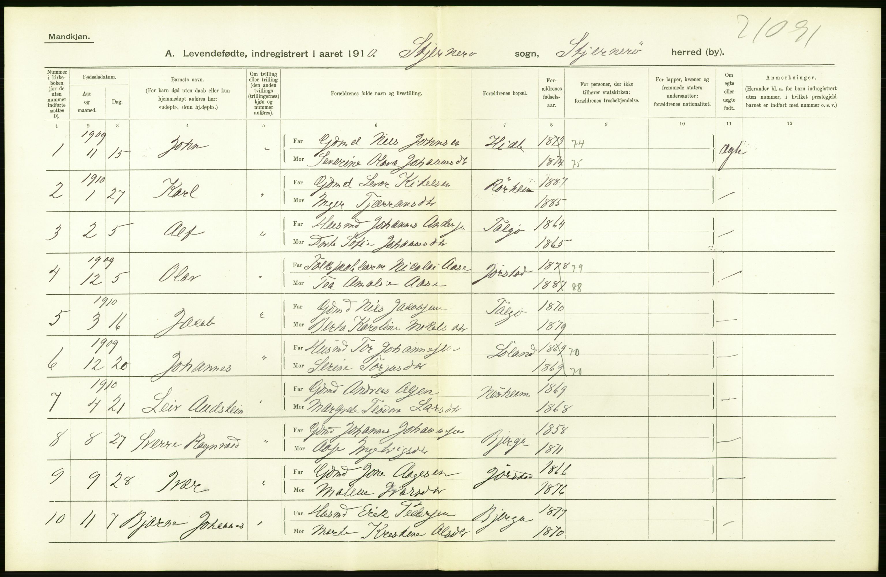 Statistisk sentralbyrå, Sosiodemografiske emner, Befolkning, AV/RA-S-2228/D/Df/Dfa/Dfah/L0022: Stavanger amt: Levendefødte menn og kvinner. Bygder., 1910, p. 20