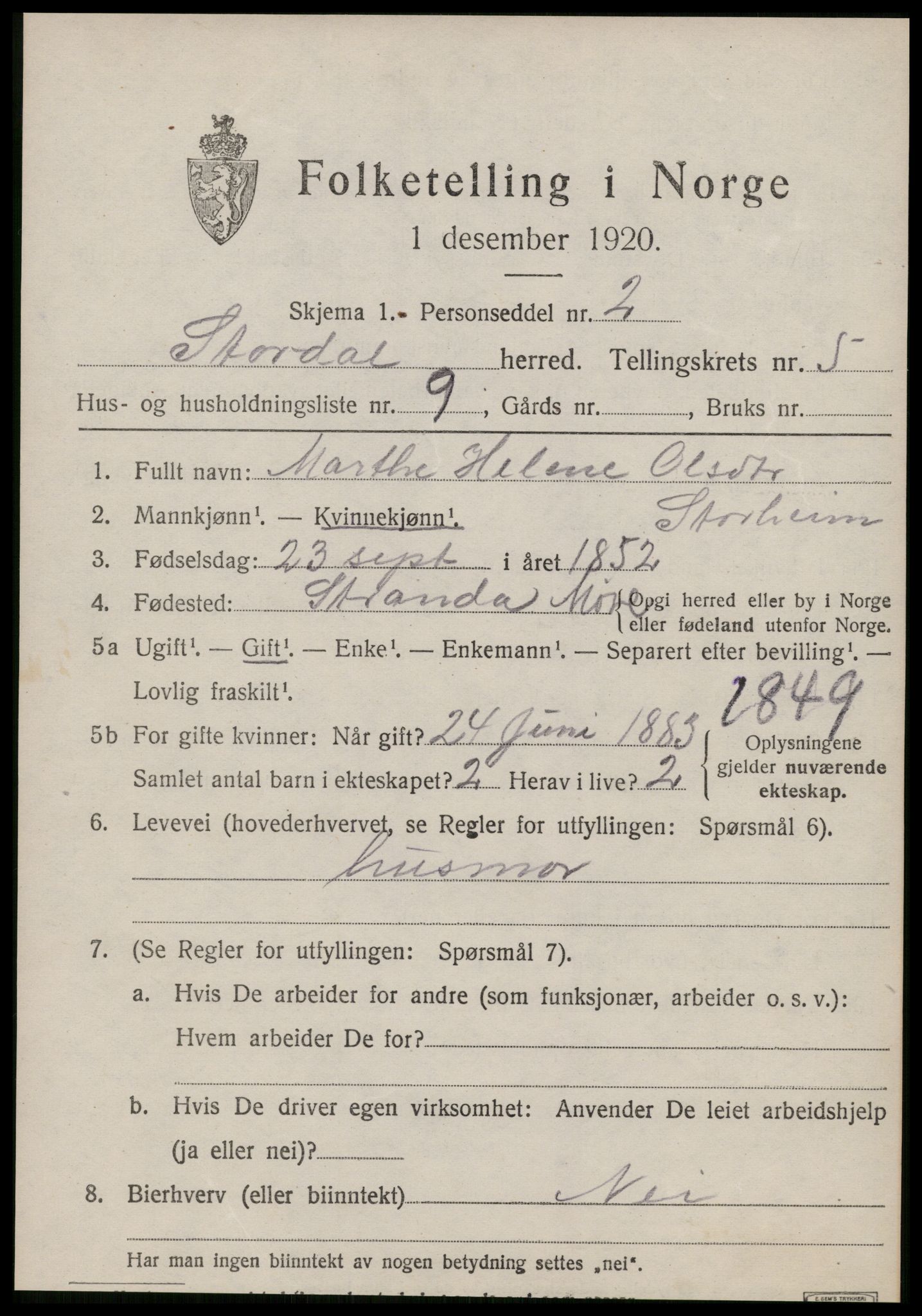 SAT, 1920 census for Stordal, 1920, p. 1638