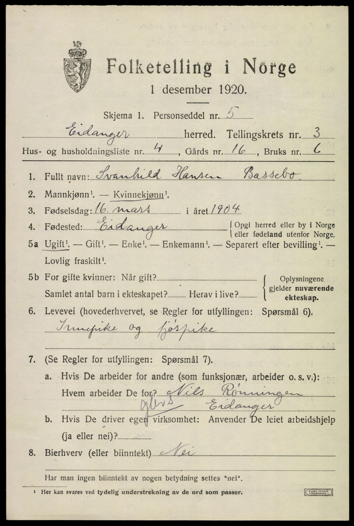 SAKO, 1920 census for Eidanger, 1920, p. 3396