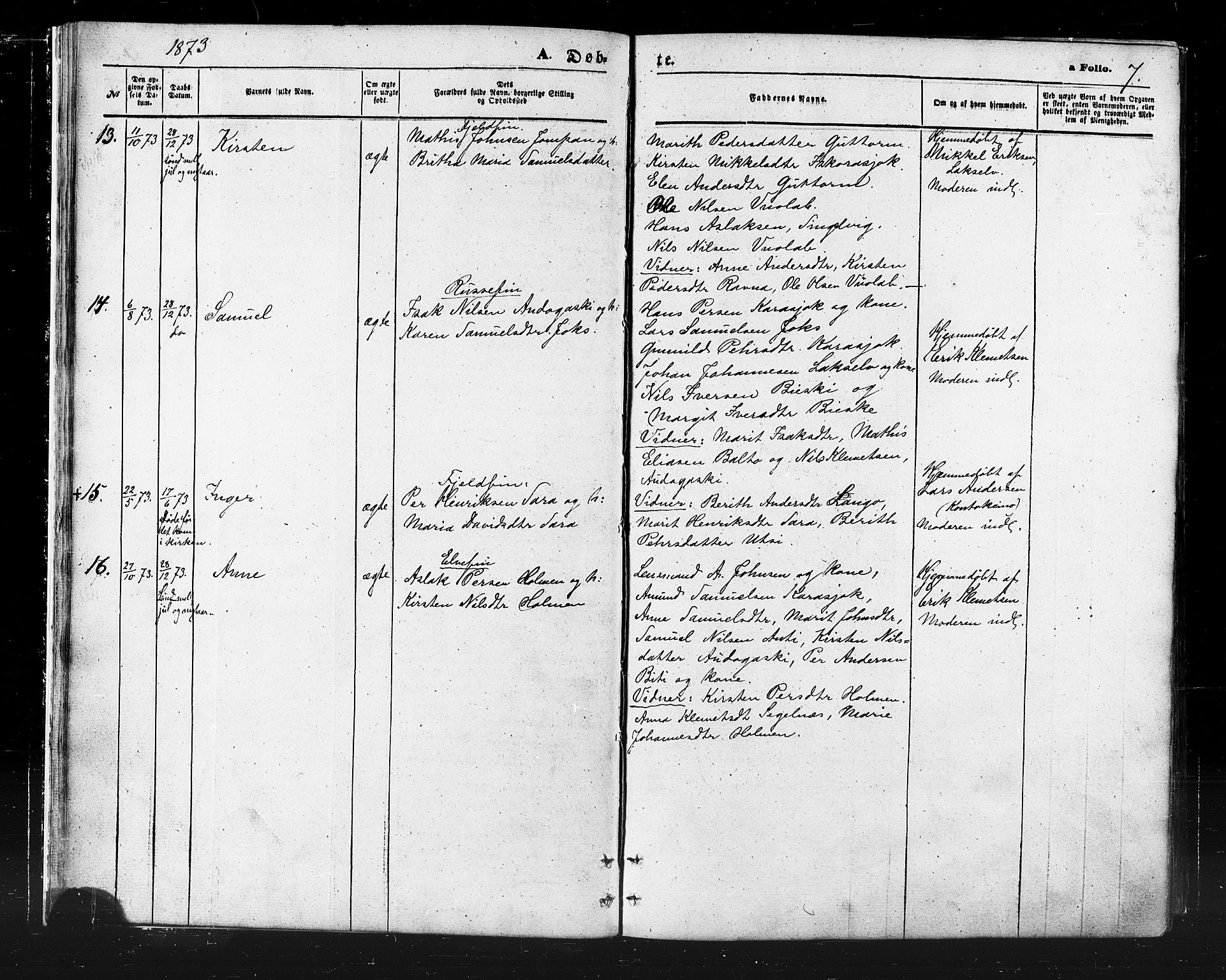 Karasjok sokneprestkontor, AV/SATØ-S-1352/H/Ha/L0001kirke: Parish register (official) no. 1, 1872-1884, p. 7