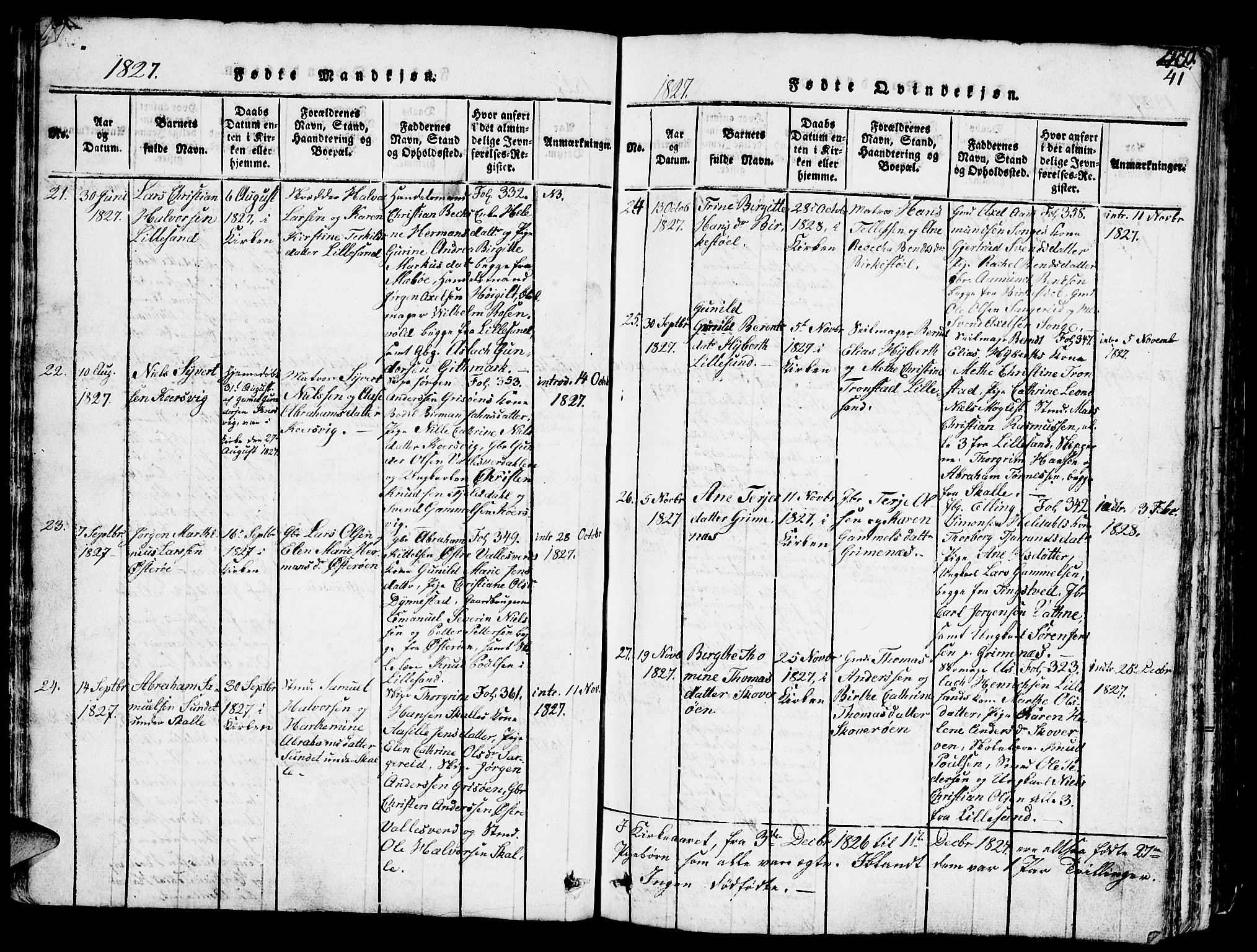 Vestre Moland sokneprestkontor, AV/SAK-1111-0046/F/Fb/Fbb/L0001: Parish register (copy) no. B 1, 1816-1851, p. 41