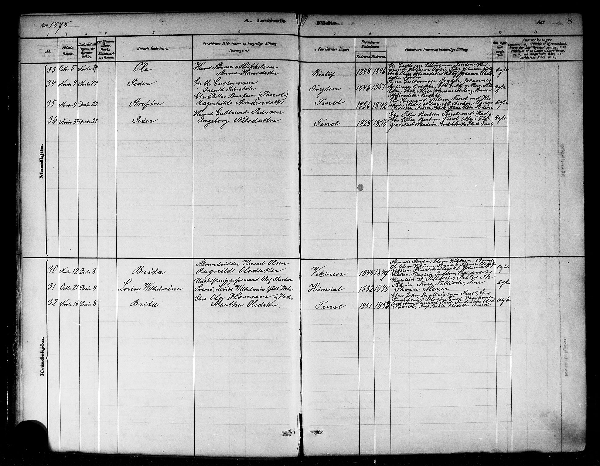 Vik sokneprestembete, SAB/A-81501: Parish register (official) no. B 1, 1878-1890, p. 8