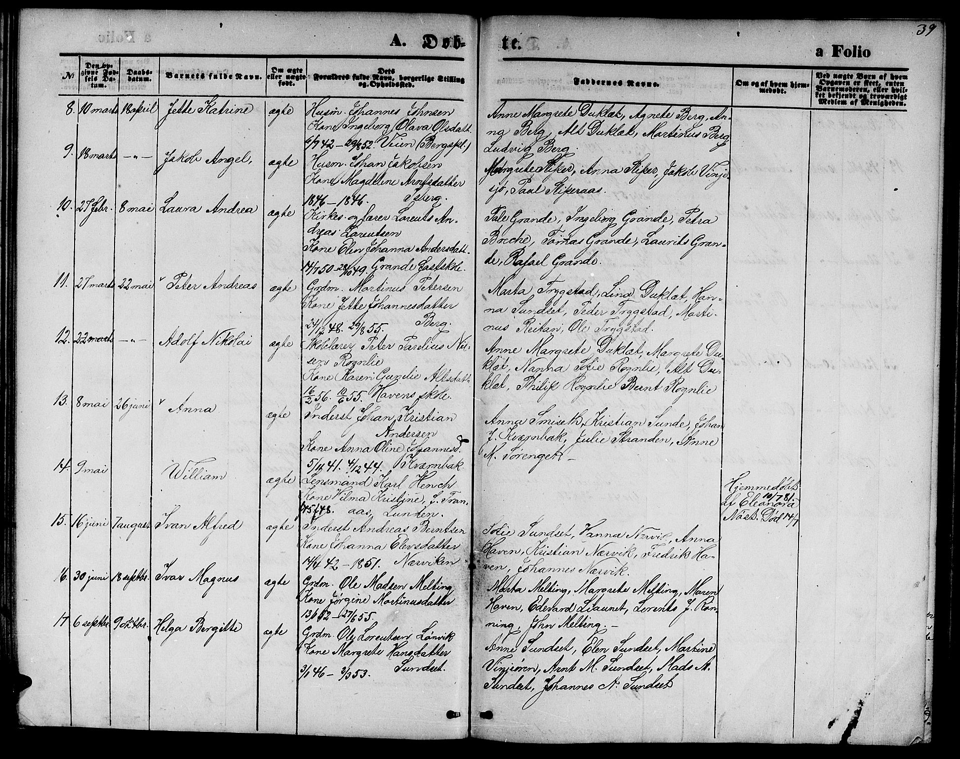 Ministerialprotokoller, klokkerbøker og fødselsregistre - Nord-Trøndelag, AV/SAT-A-1458/733/L0326: Parish register (copy) no. 733C01, 1871-1887, p. 39