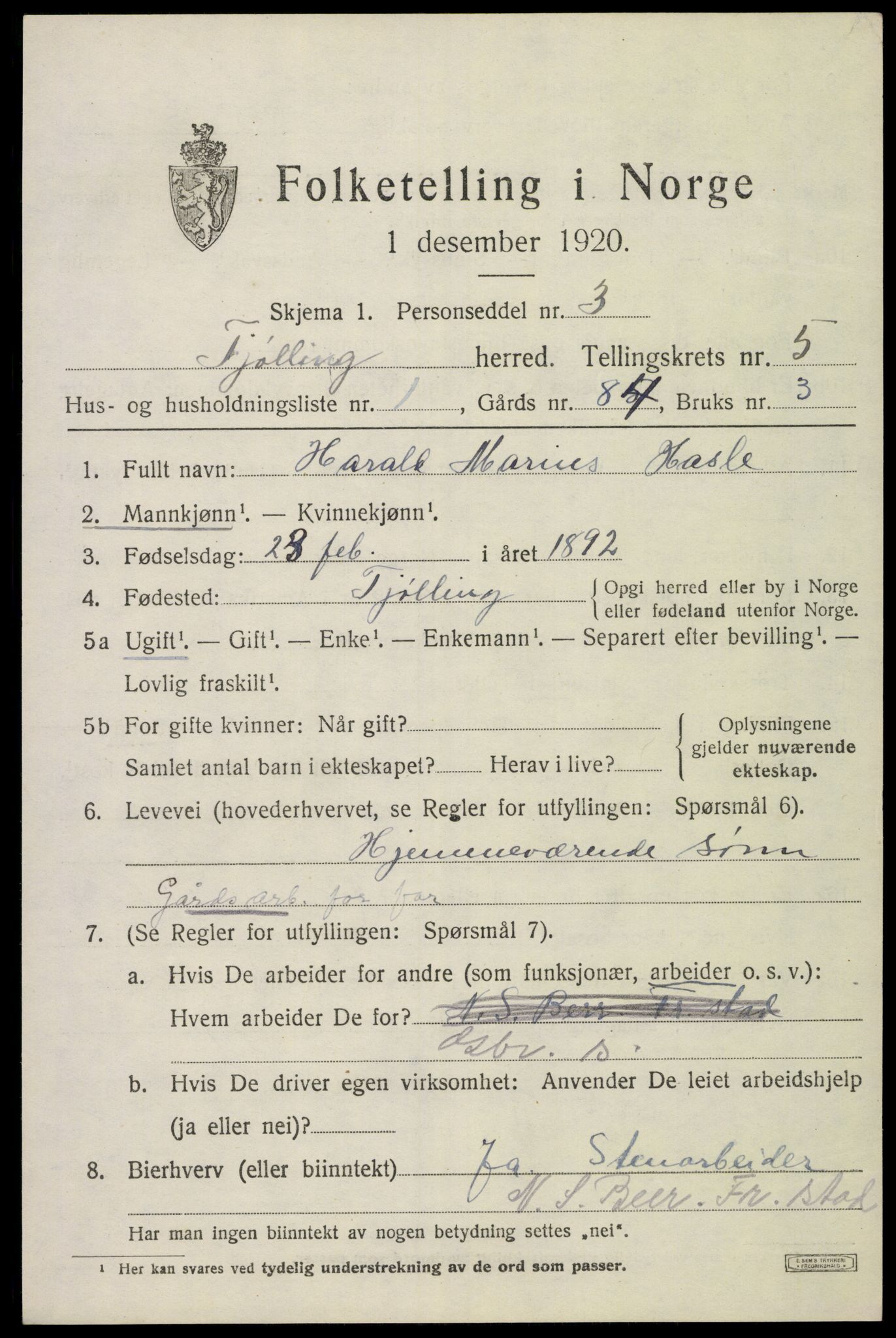 SAKO, 1920 census for Tjølling, 1920, p. 8171