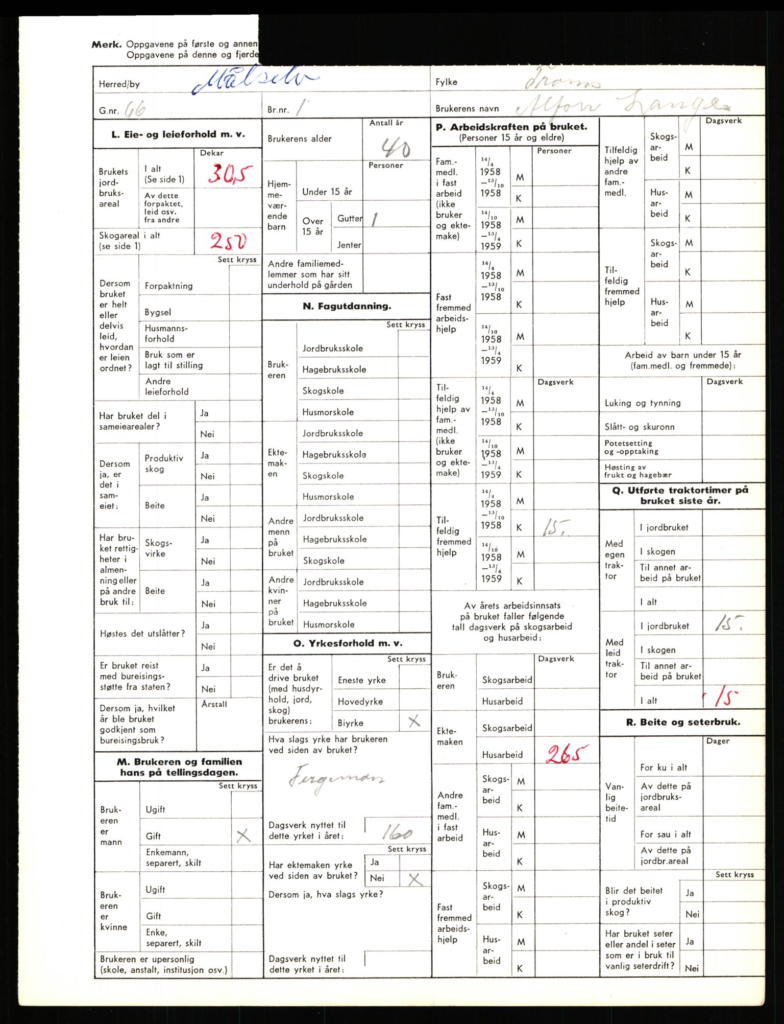 Statistisk sentralbyrå, Næringsøkonomiske emner, Jordbruk, skogbruk, jakt, fiske og fangst, AV/RA-S-2234/G/Gd/L0655: Troms: 1924 Målselv (kl. 4-10), 1959, p. 1259