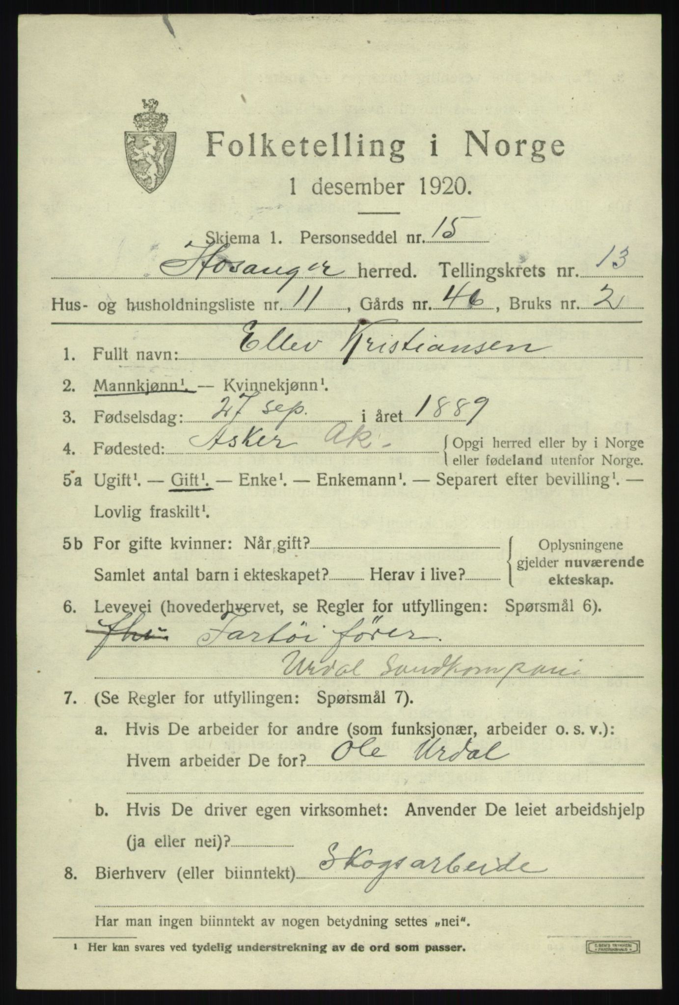 SAB, 1920 census for Hosanger, 1920, p. 5303