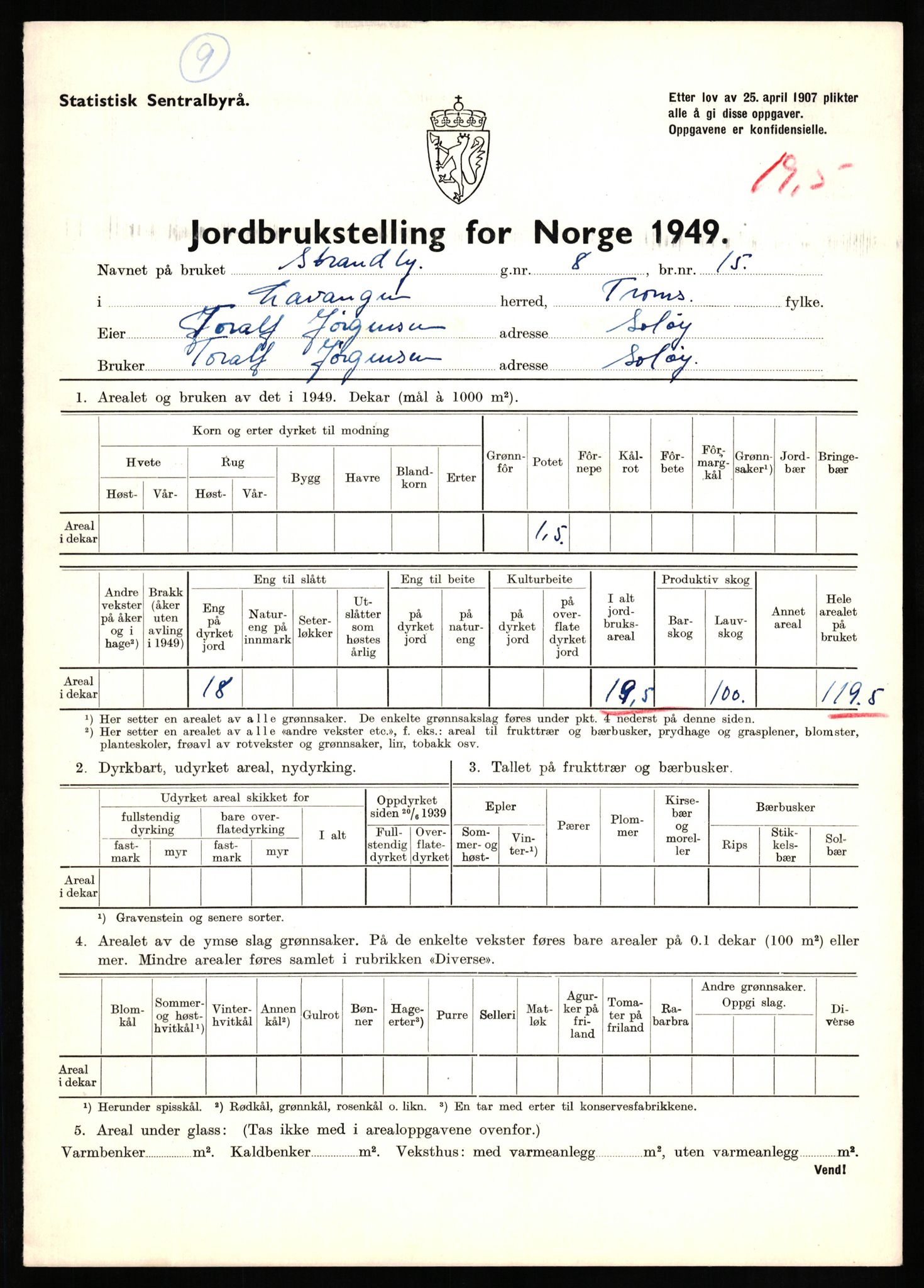 Statistisk sentralbyrå, Næringsøkonomiske emner, Jordbruk, skogbruk, jakt, fiske og fangst, AV/RA-S-2234/G/Gc/L0437: Troms: Gratangen og Lavangen, 1949, p. 158