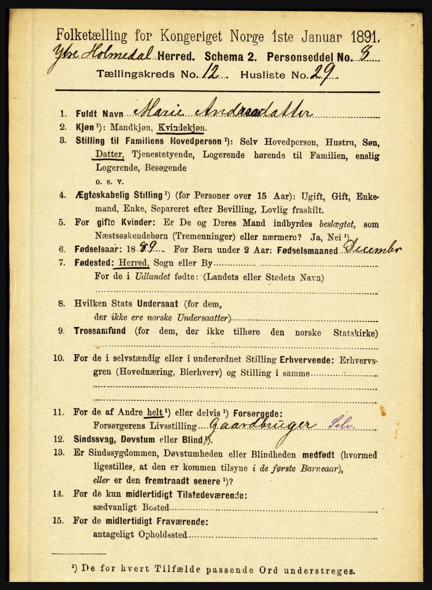 RA, 1891 census for 1429 Ytre Holmedal, 1891, p. 3373