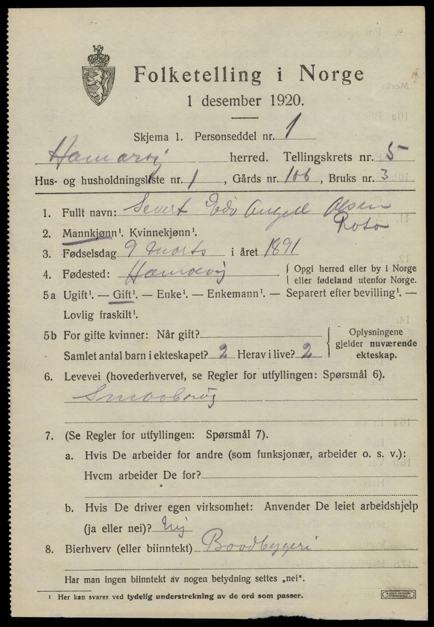 SAT, 1920 census for Hamarøy, 1920, p. 2644