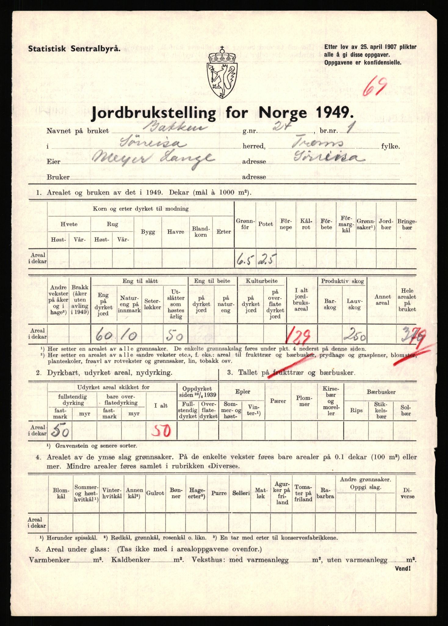 Statistisk sentralbyrå, Næringsøkonomiske emner, Jordbruk, skogbruk, jakt, fiske og fangst, AV/RA-S-2234/G/Gc/L0440: Troms: Sørreisa og Dyrøy, 1949, p. 878