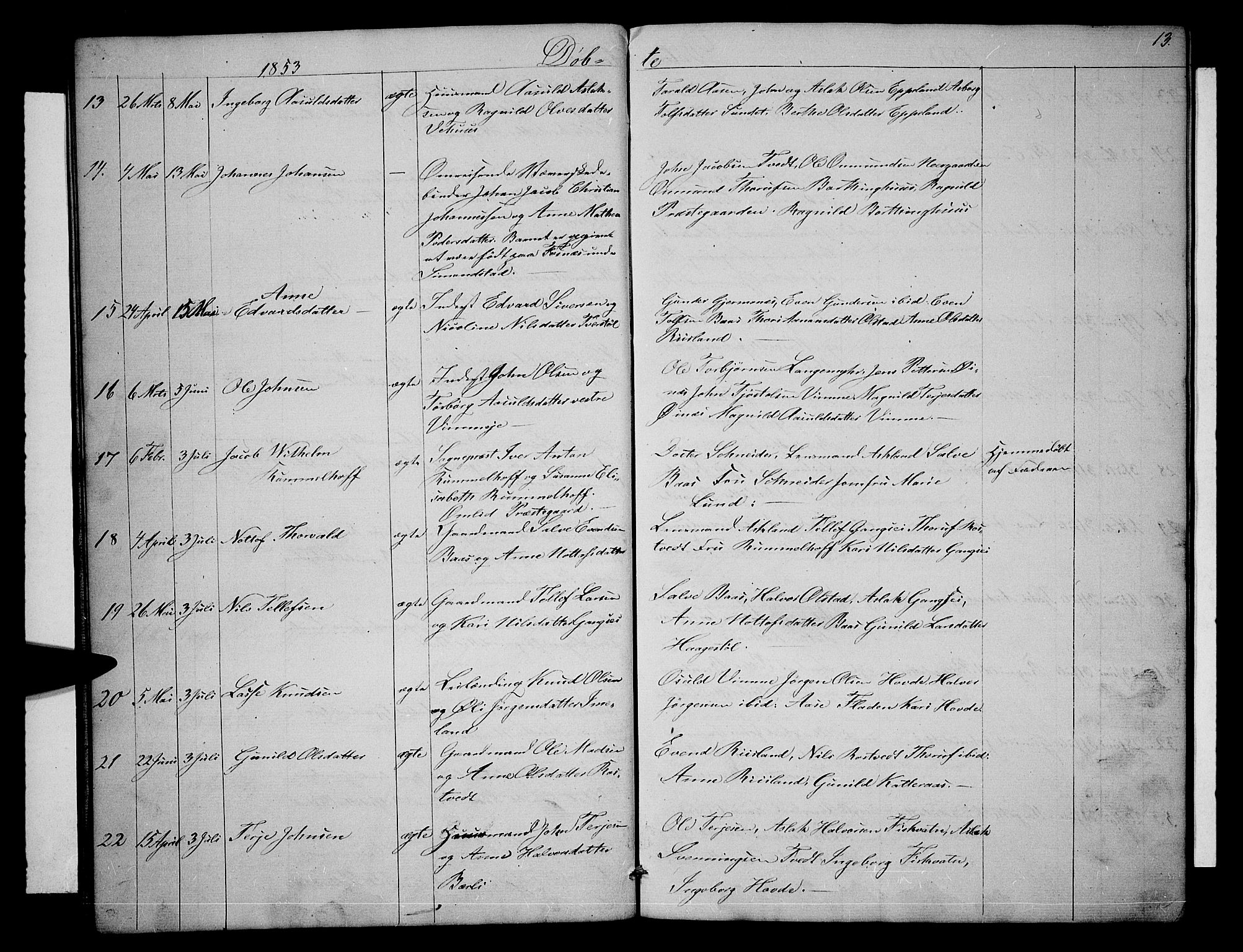Åmli sokneprestkontor, SAK/1111-0050/F/Fb/Fbc/L0002: Parish register (copy) no. B 2, 1850-1867, p. 13