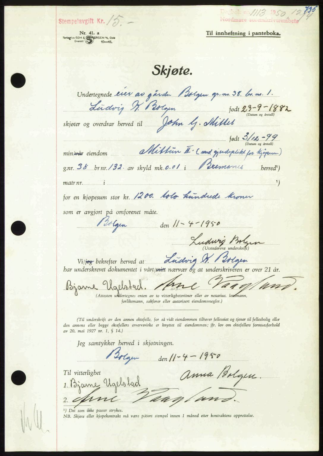 Nordmøre sorenskriveri, AV/SAT-A-4132/1/2/2Ca: Mortgage book no. A114, 1950-1950, Diary no: : 1113/1950