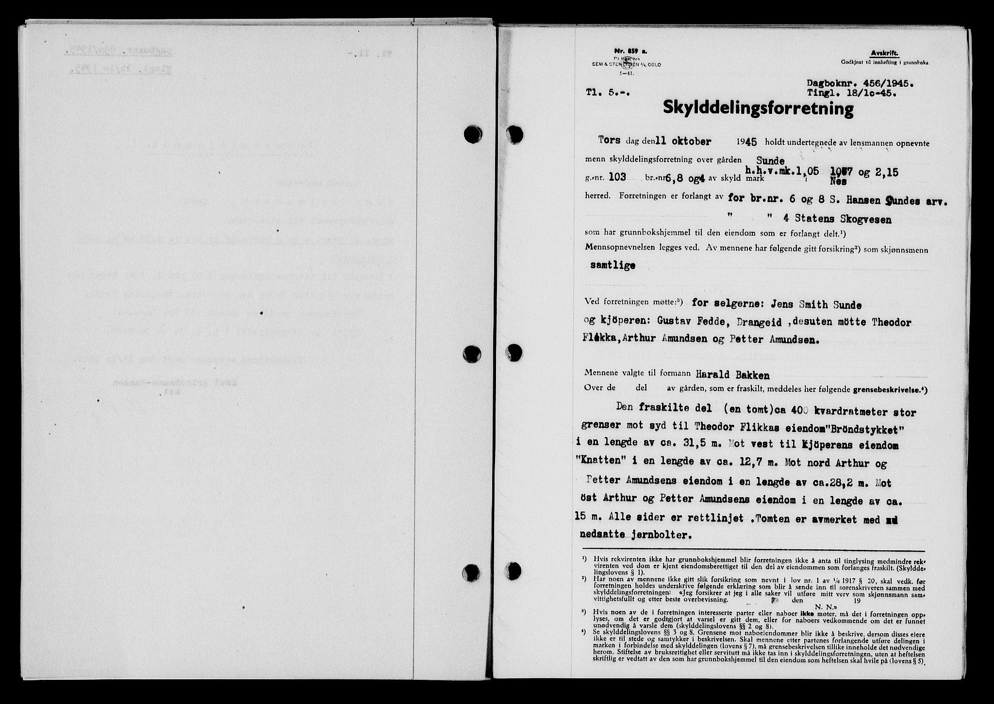 Flekkefjord sorenskriveri, AV/SAK-1221-0001/G/Gb/Gba/L0060: Mortgage book no. A-8, 1945-1946, Diary no: : 456/1945