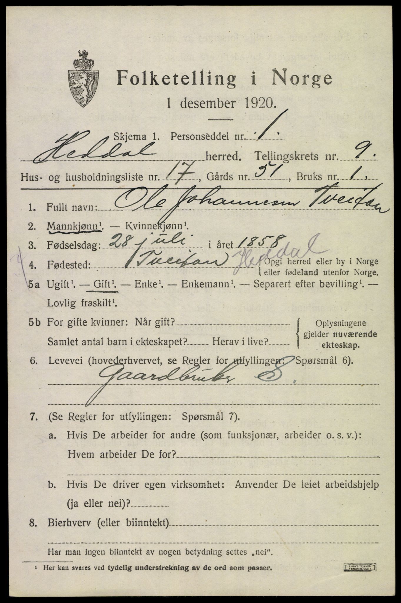 SAKO, 1920 census for Heddal, 1920, p. 6774