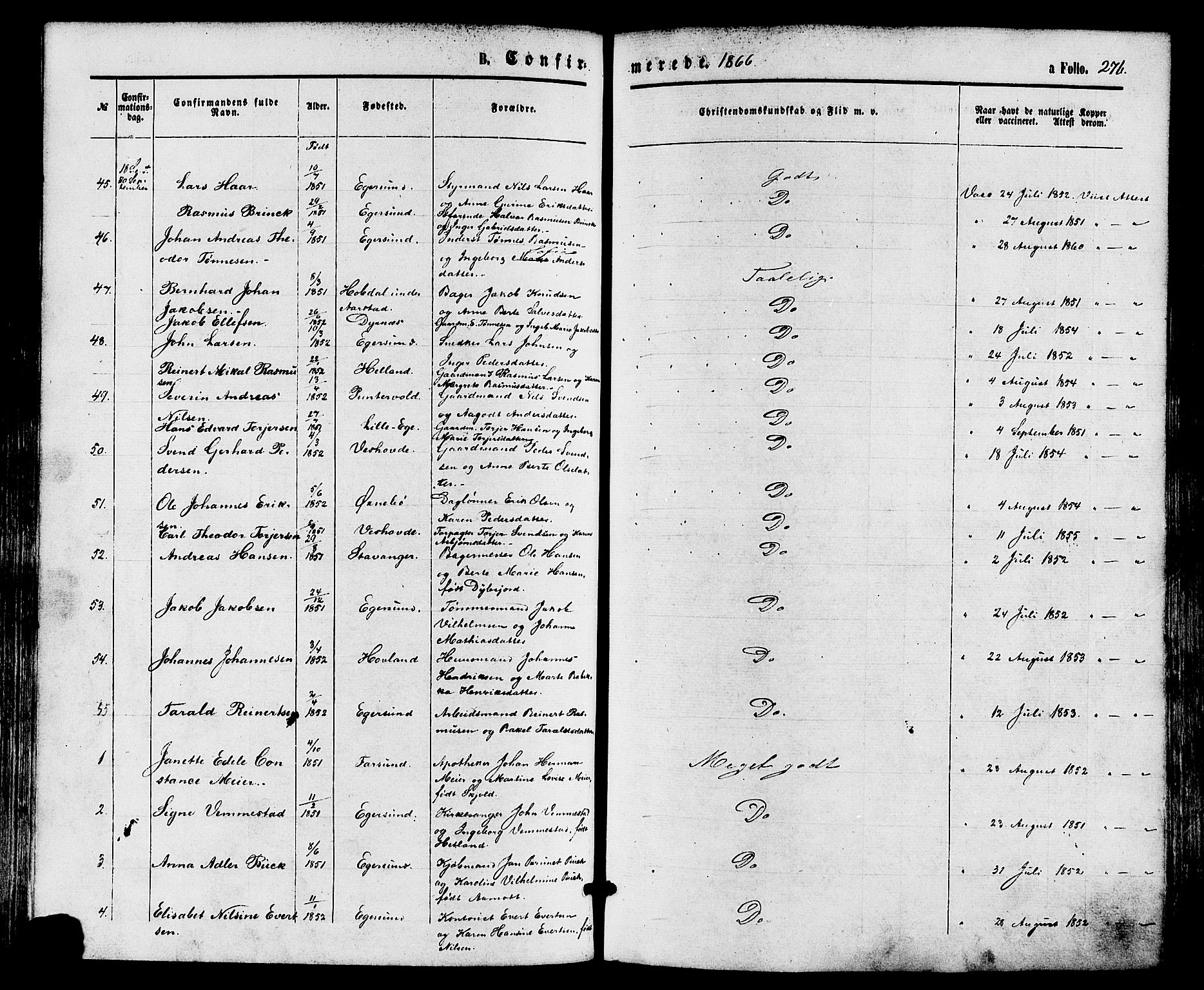 Eigersund sokneprestkontor, AV/SAST-A-101807/S08/L0014: Parish register (official) no. A 13, 1866-1878, p. 276