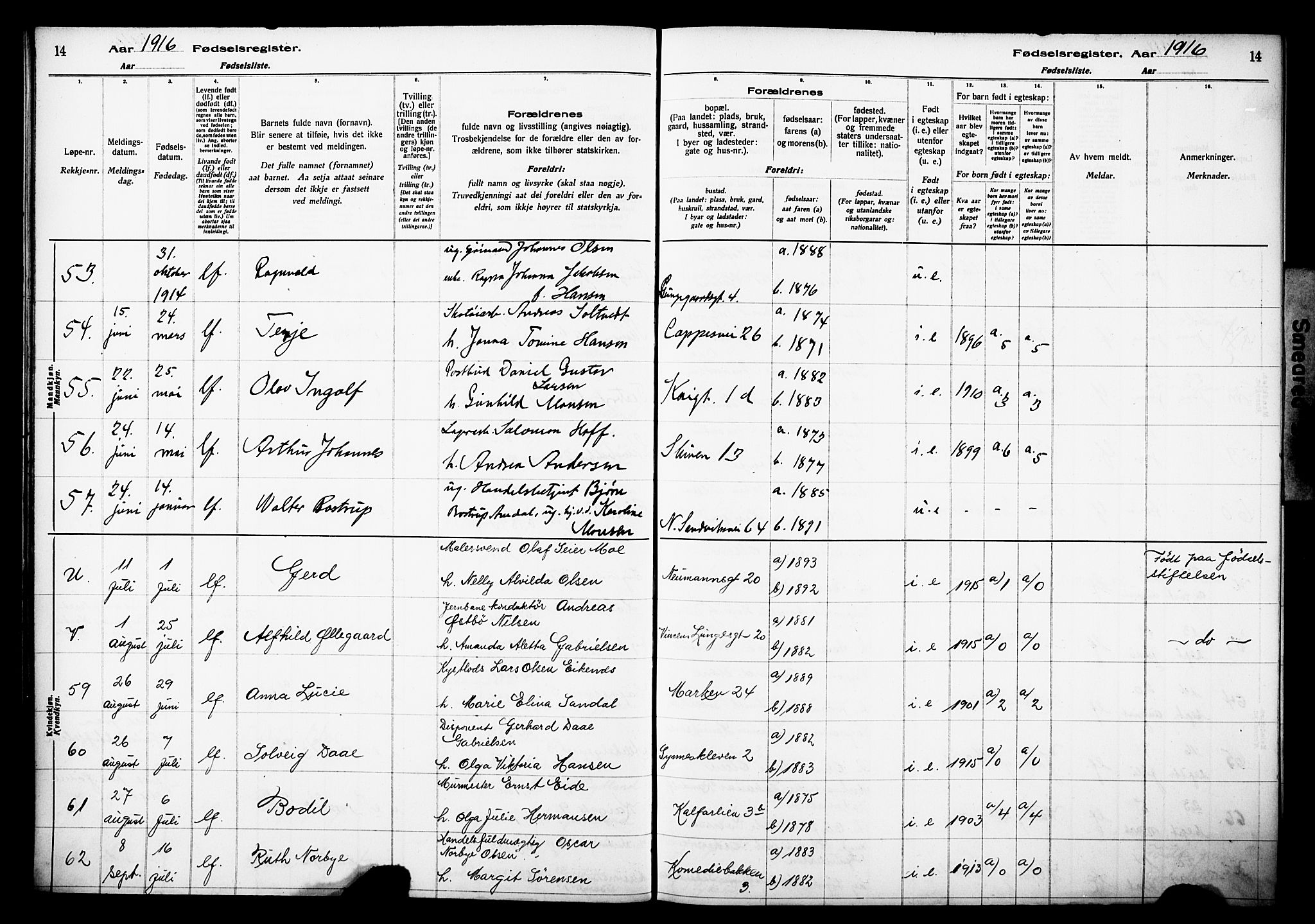 Domkirken sokneprestembete, AV/SAB-A-74801/I/Id/L00A1: Birth register no. A 1, 1916-1923, p. 14