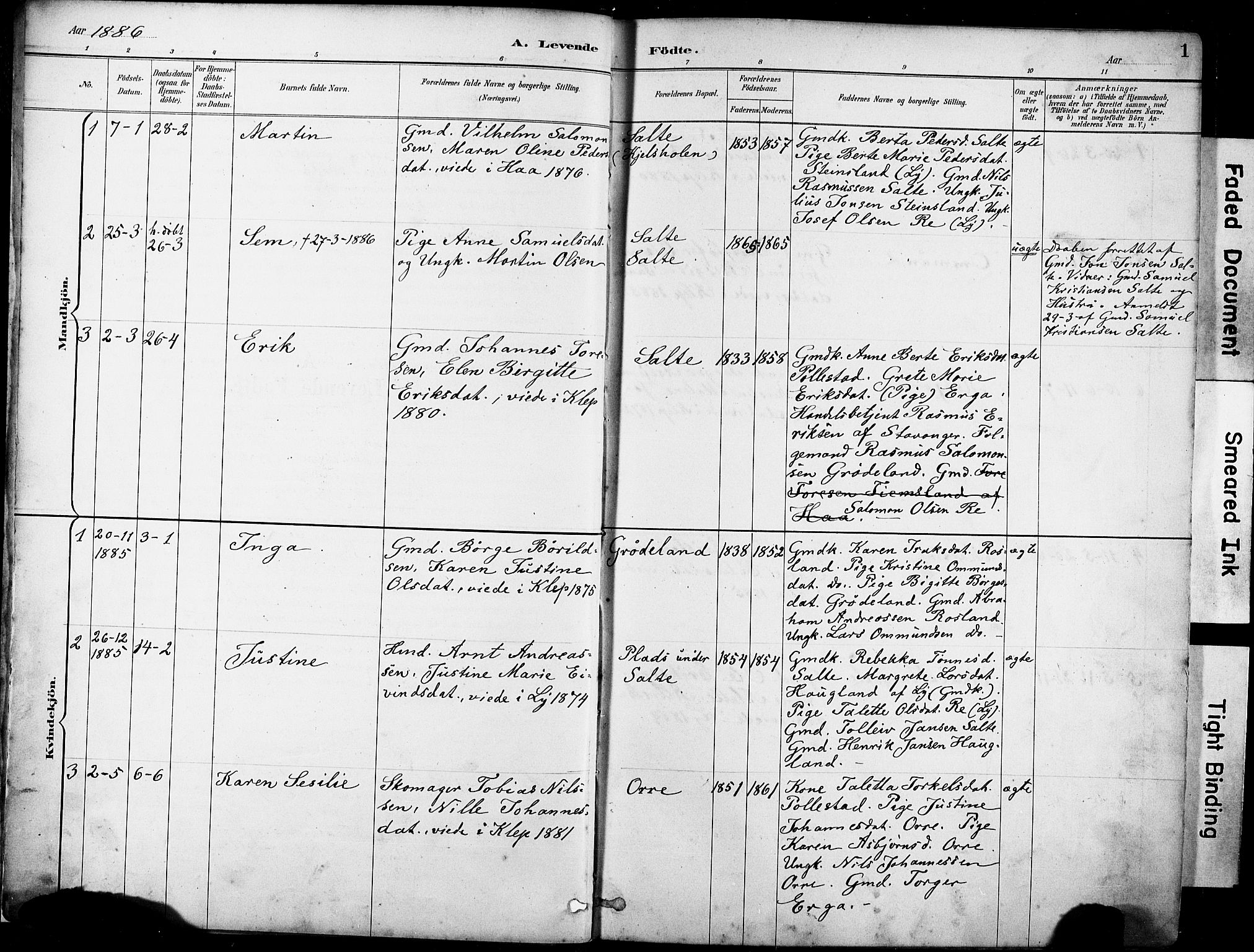 Klepp sokneprestkontor, SAST/A-101803/001/3/30BA/L0007: Parish register (official) no. A 8, 1886-1912, p. 1