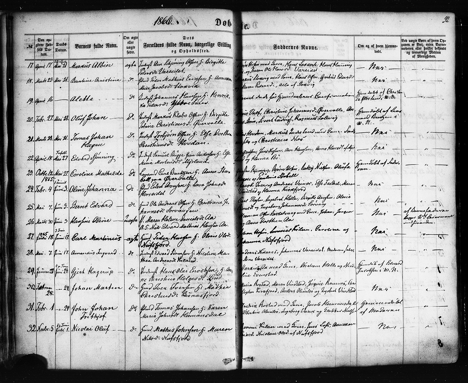 Ministerialprotokoller, klokkerbøker og fødselsregistre - Nordland, SAT/A-1459/885/L1203: Parish register (official) no. 885A04, 1859-1877, p. 32